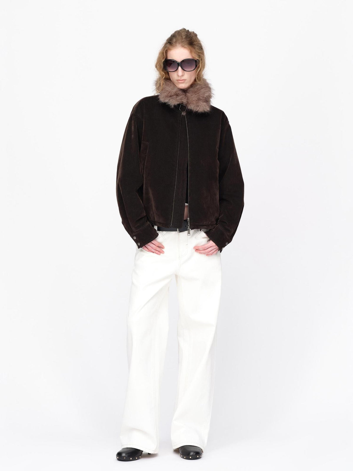 RUN TO THE FUTURE Faux Fur Collar Textured Loose Fit Women&