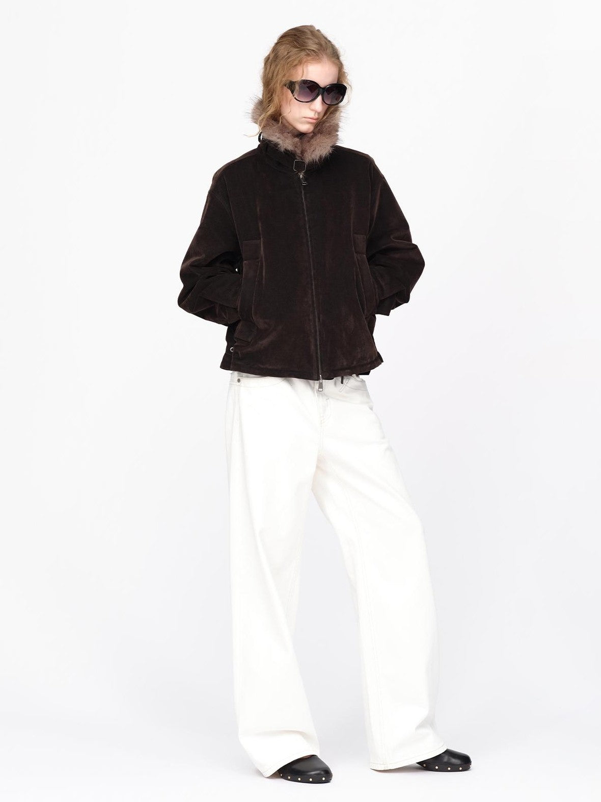 RUN TO THE FUTURE Faux Fur Collar Textured Loose Fit Women&