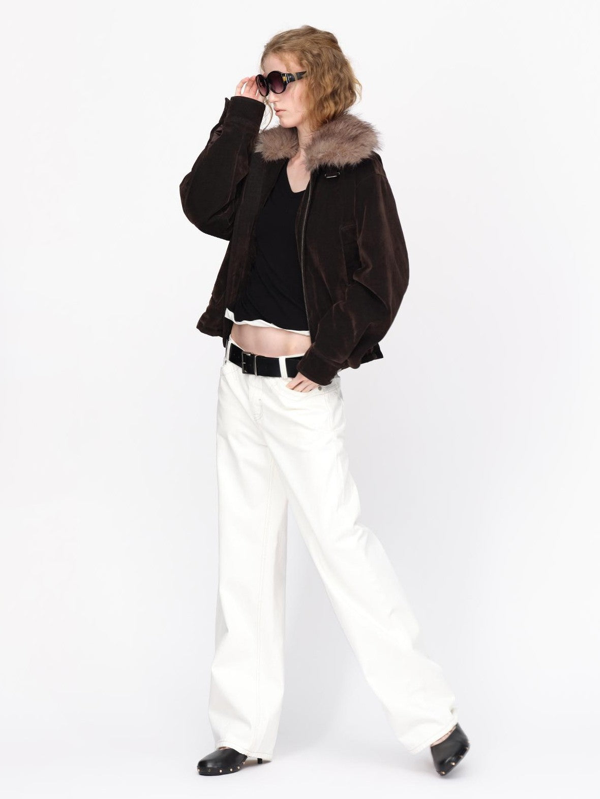RUN TO THE FUTURE Faux Fur Collar Textured Loose Fit Women&