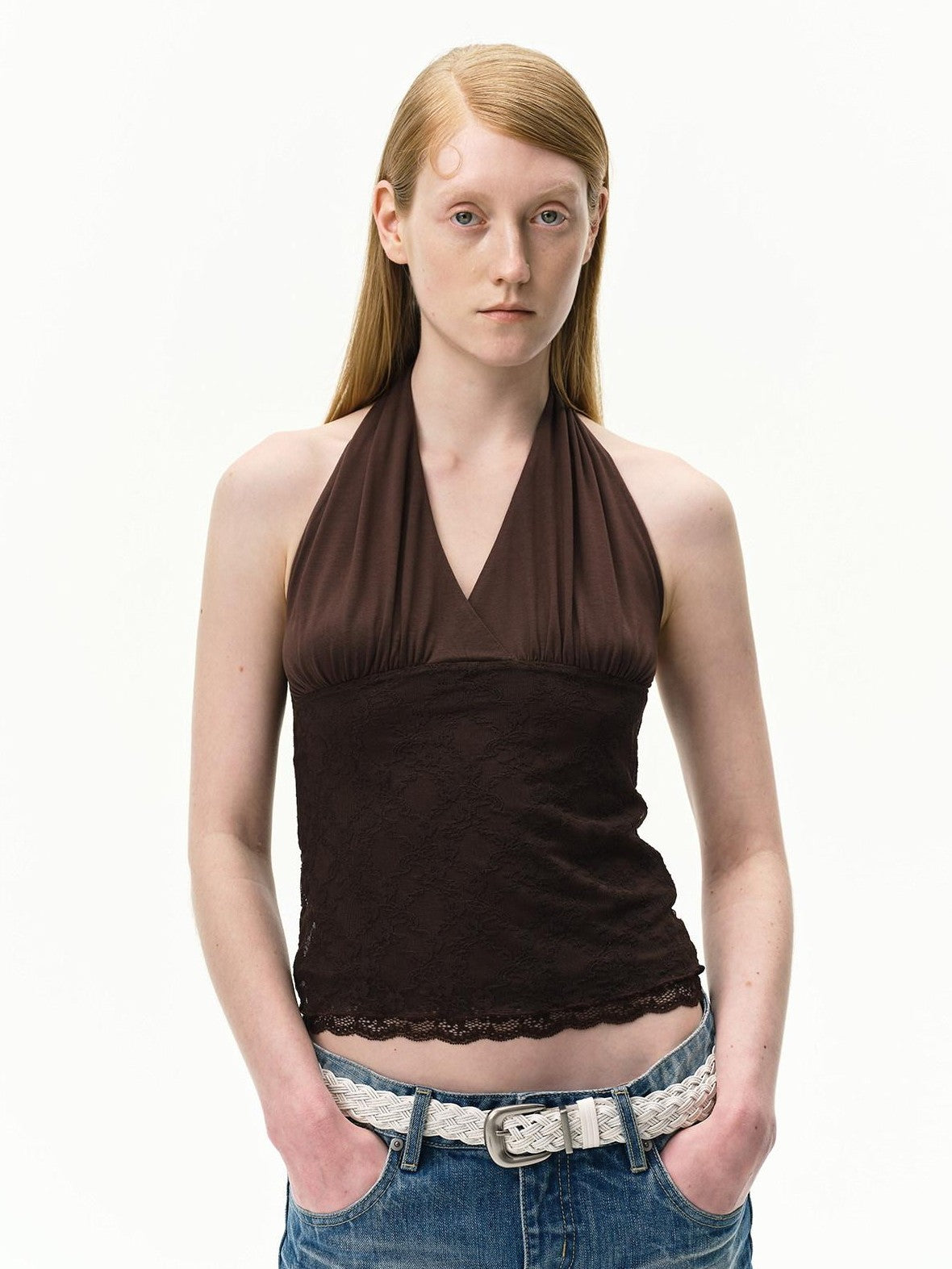 RUN TO THE FUTURE Floral Lace Spliced Crossover V-neck Women&