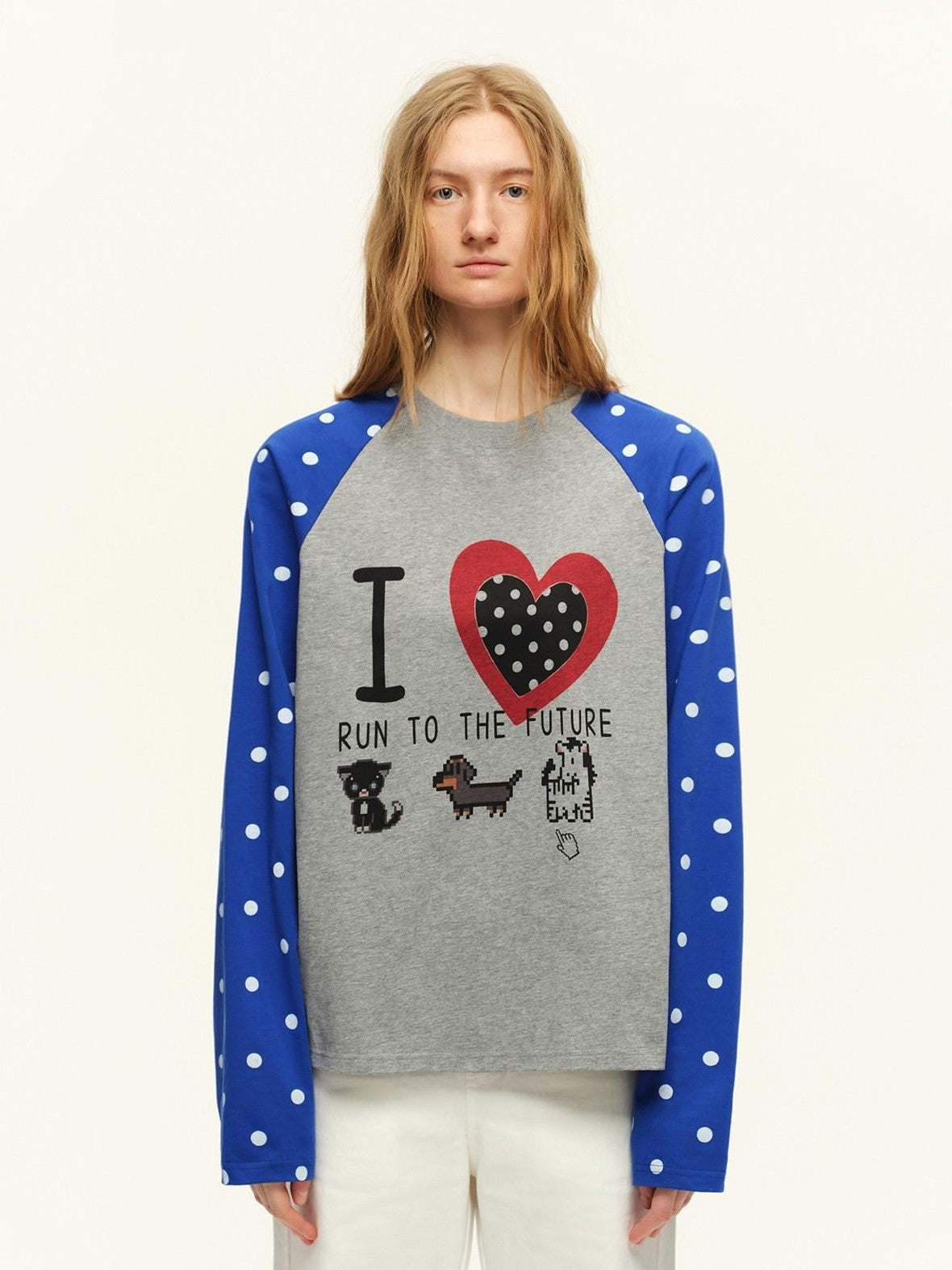 RUN TO THE FUTURE Heart Colorblock Polka Raglan Print Women&