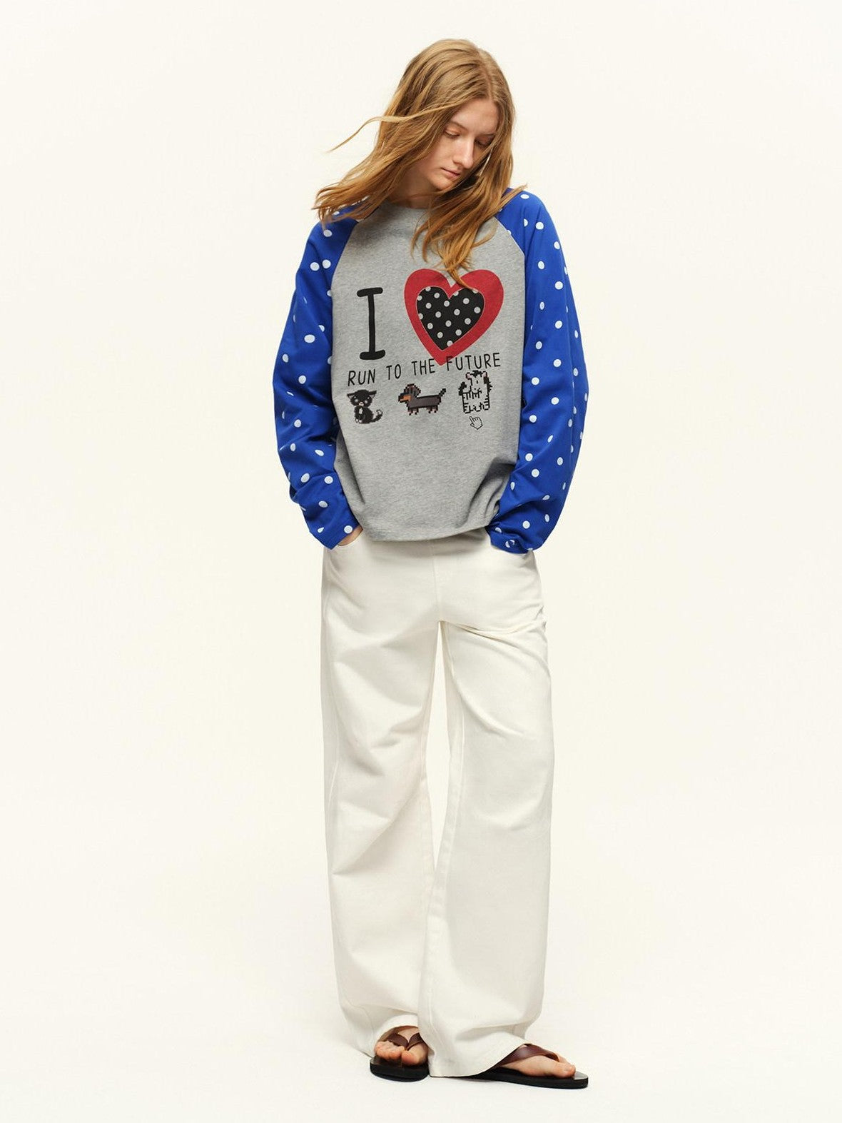 RUN TO THE FUTURE Heart Colorblock Polka Raglan Print Women&