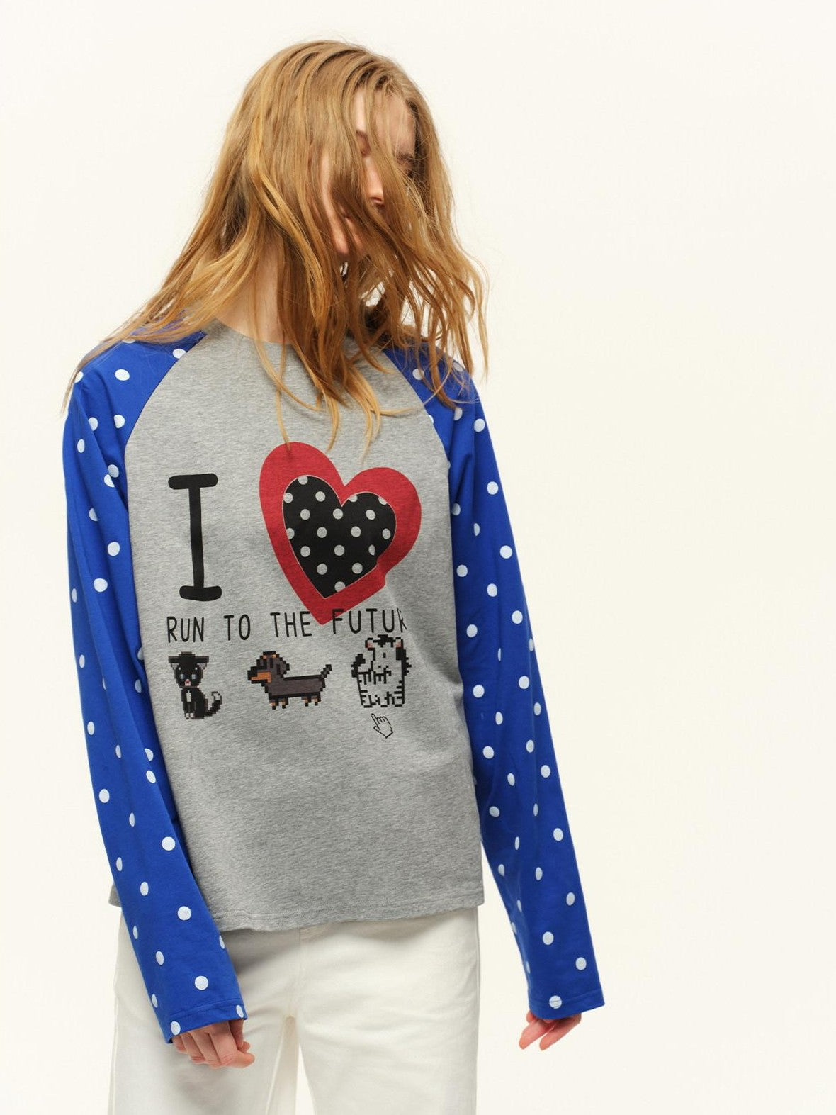 RUN TO THE FUTURE Heart Colorblock Polka Raglan Print Women&