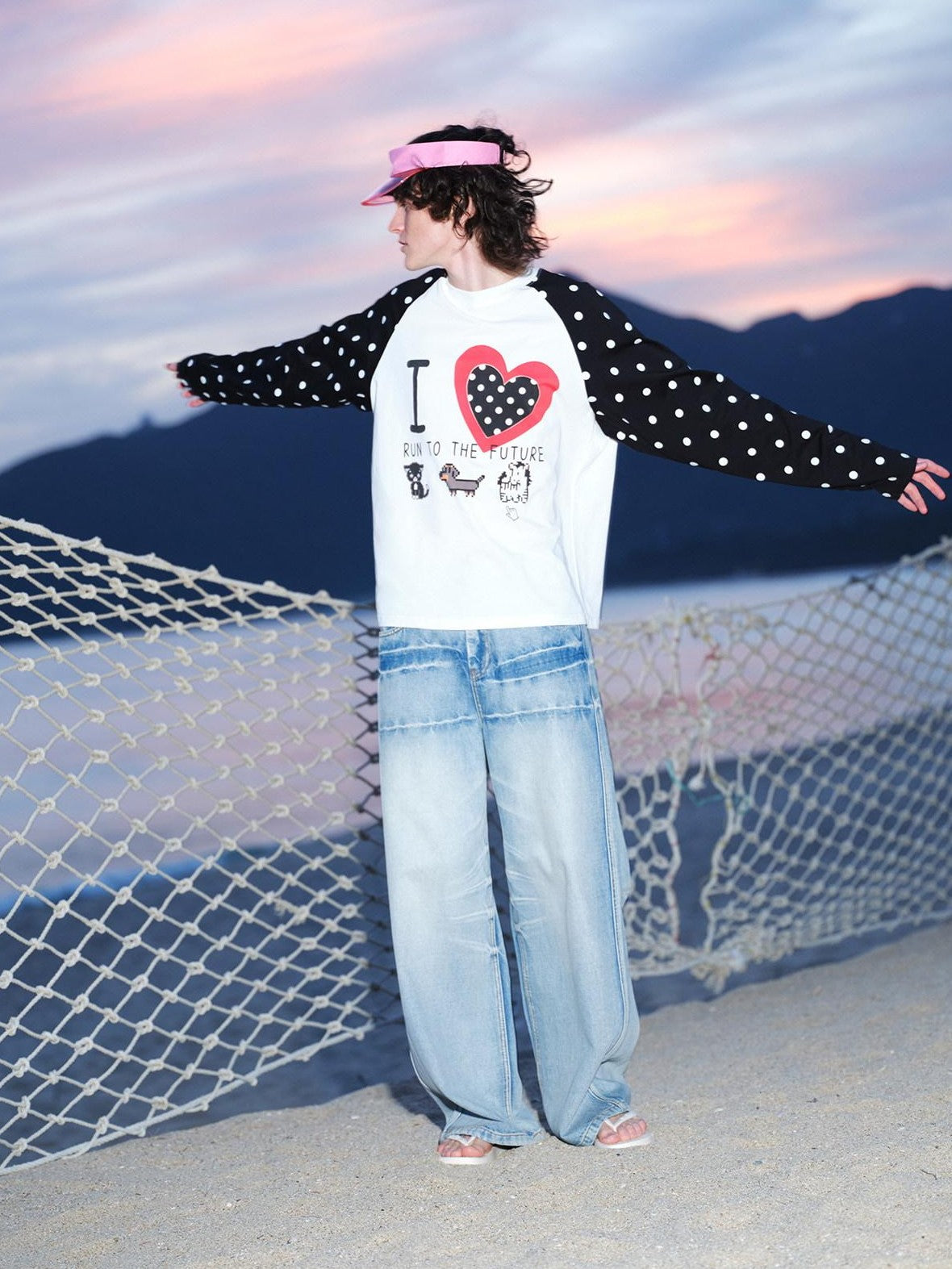 RUN TO THE FUTURE Heart Colorblock Polka Raglan Print Women&