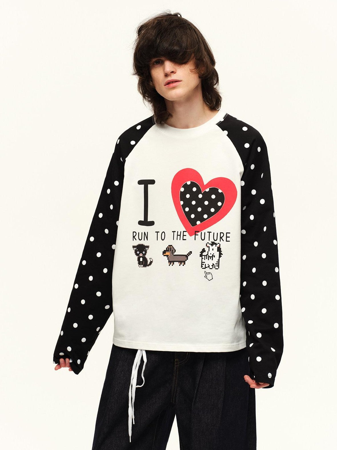 RUN TO THE FUTURE Heart Colorblock Polka Raglan Print Women&