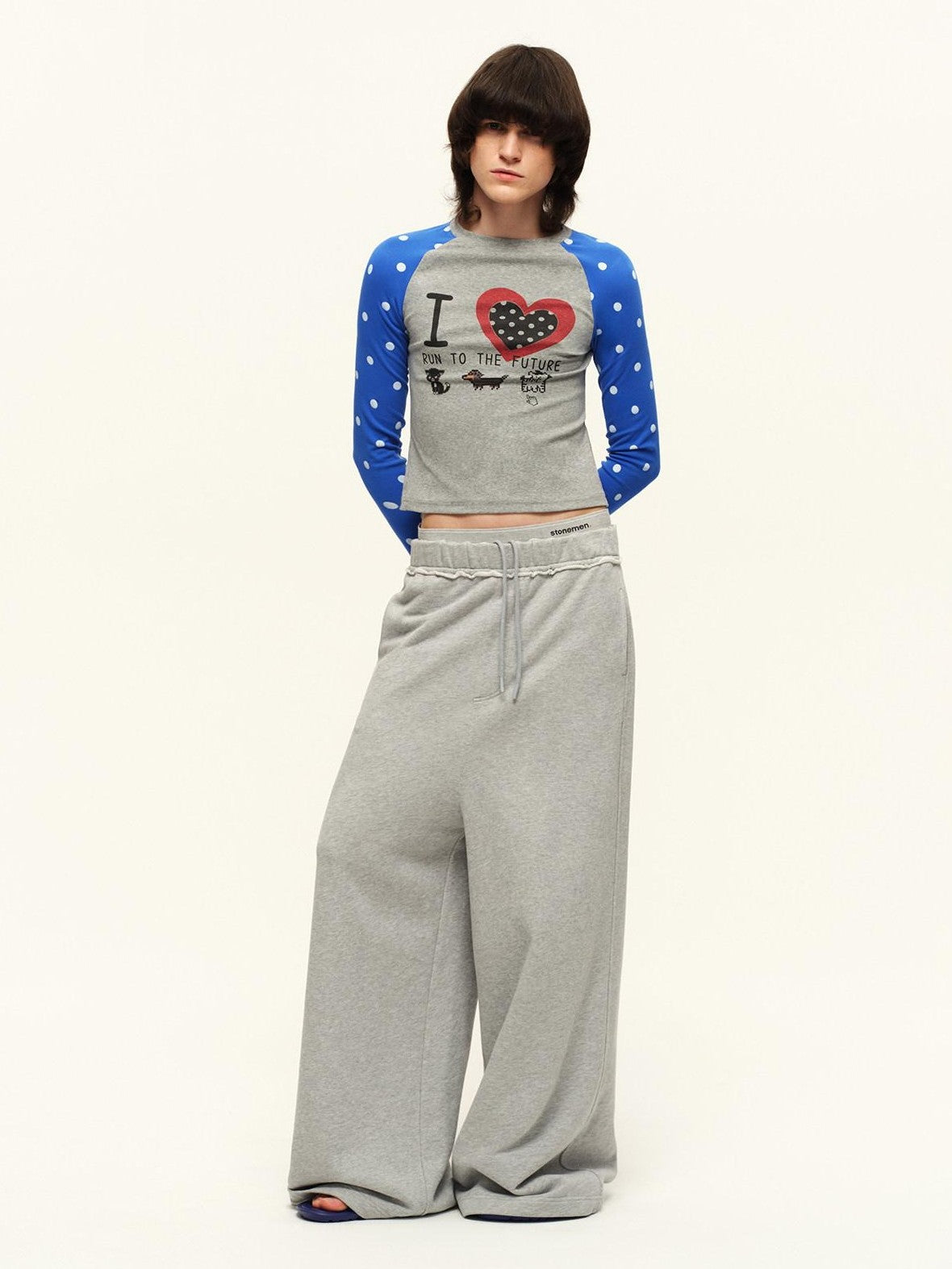 RUN TO THE FUTURE Heart Print Polka Dot Colorblock Raglan Slim Fit Women&