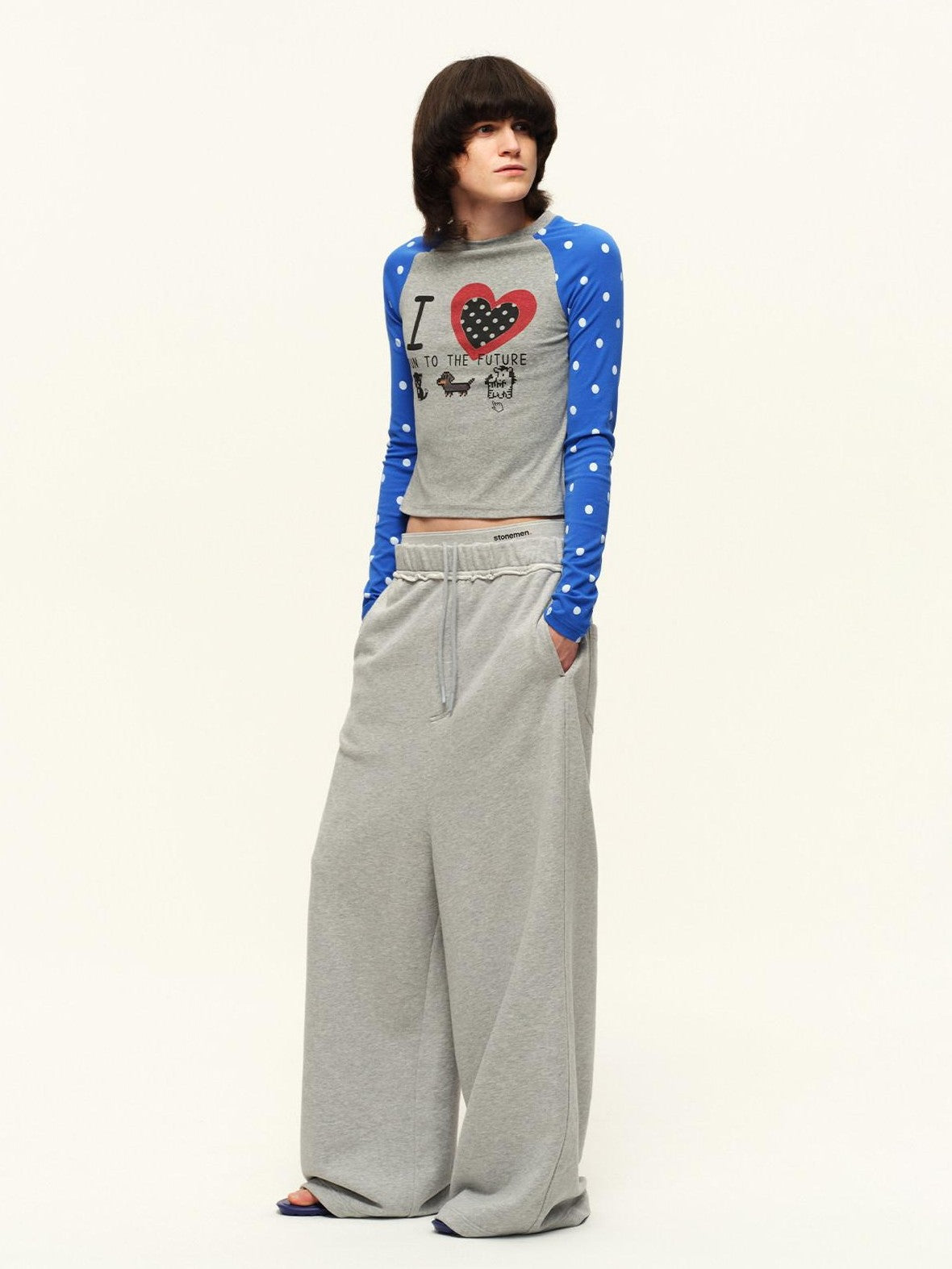 RUN TO THE FUTURE Heart Print Polka Dot Colorblock Raglan Slim Fit Women&