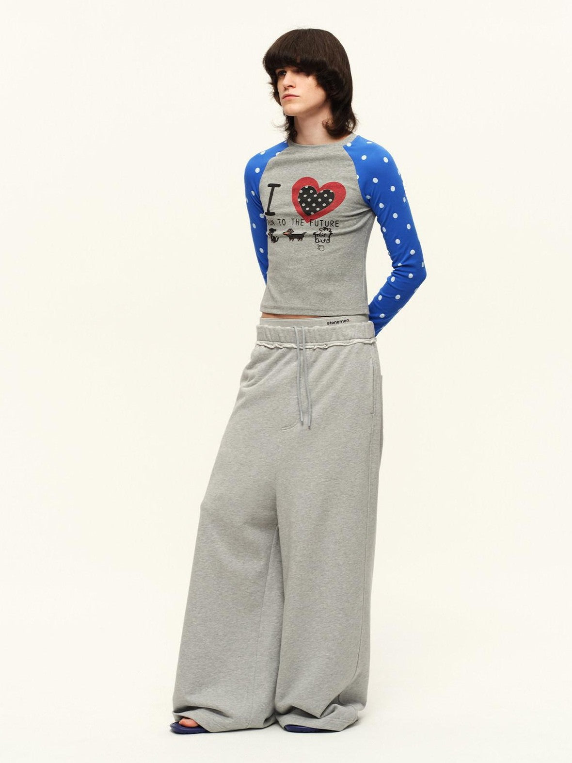 RUN TO THE FUTURE Heart Print Polka Dot Colorblock Raglan Slim Fit Women&