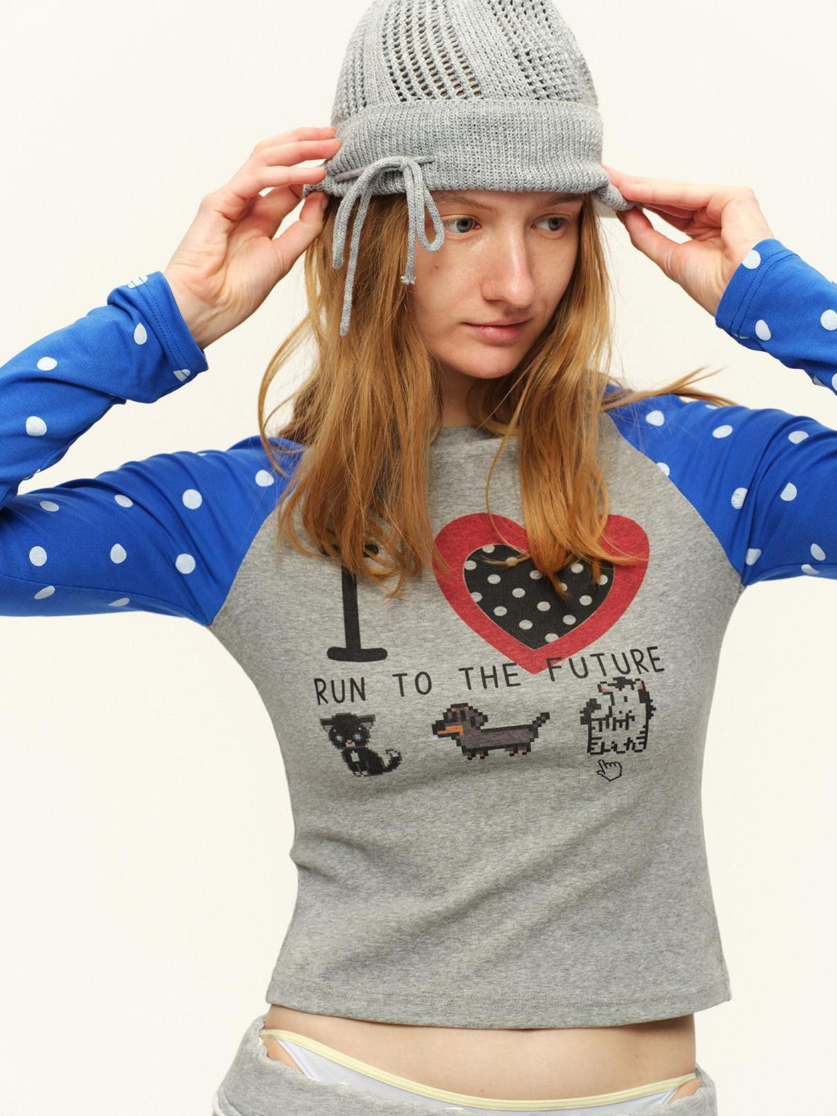 RUN TO THE FUTURE Heart Print Polka Dot Colorblock Raglan Slim Fit Women&