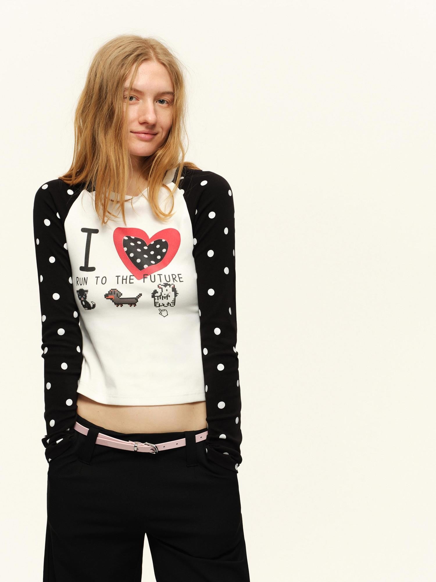 RUN TO THE FUTURE Heart Print Polka Dot Colorblock Raglan Slim Fit Women&