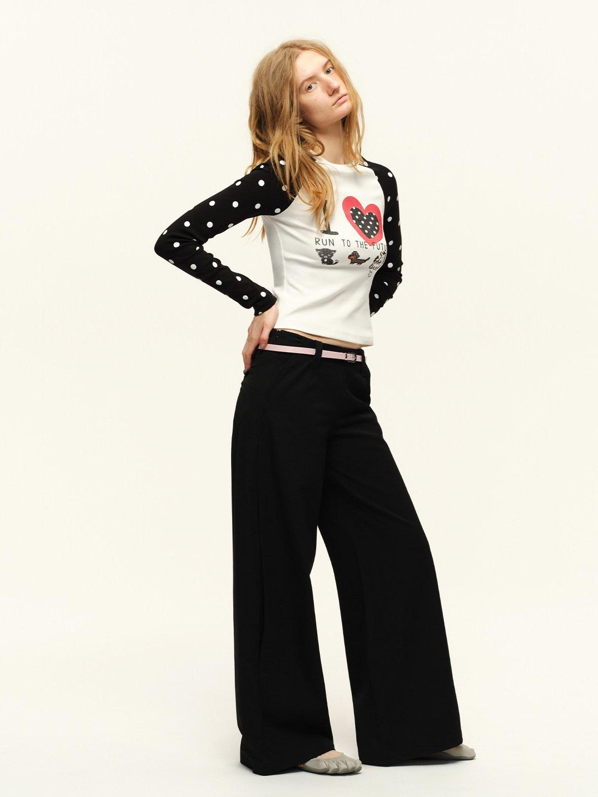 RUN TO THE FUTURE Heart Print Polka Dot Colorblock Raglan Slim Fit Women&