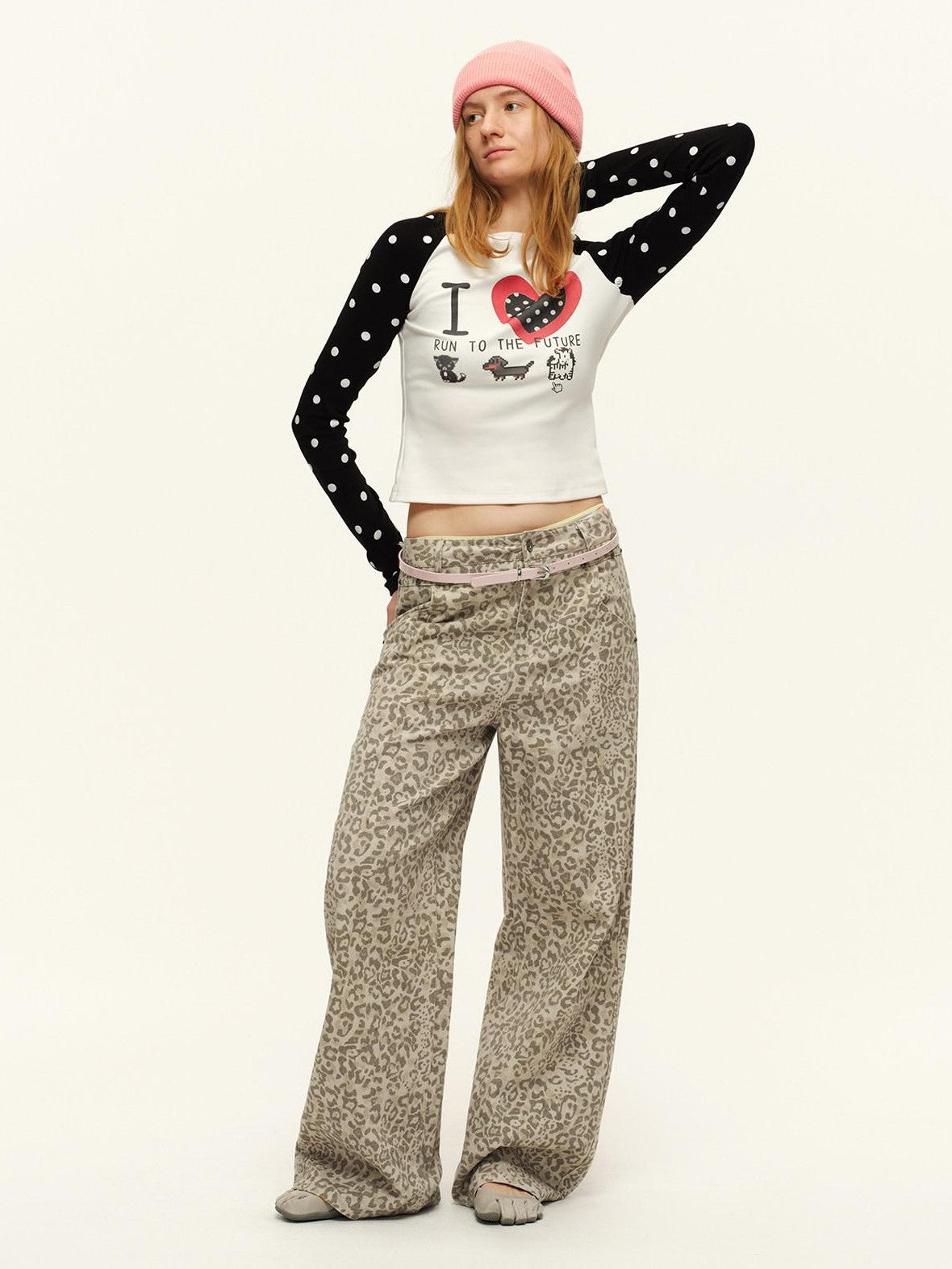 RUN TO THE FUTURE Heart Print Polka Dot Colorblock Raglan Slim Fit Women&