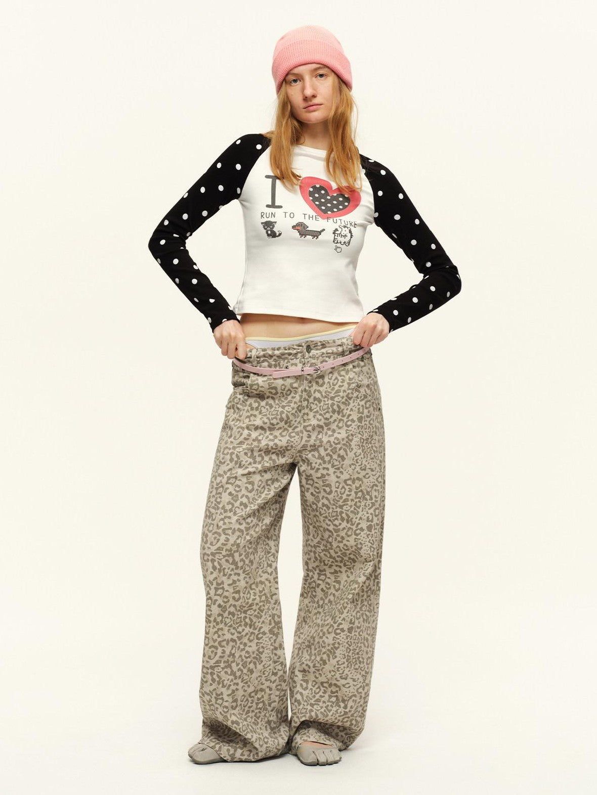 RUN TO THE FUTURE Heart Print Polka Dot Colorblock Raglan Slim Fit Women&