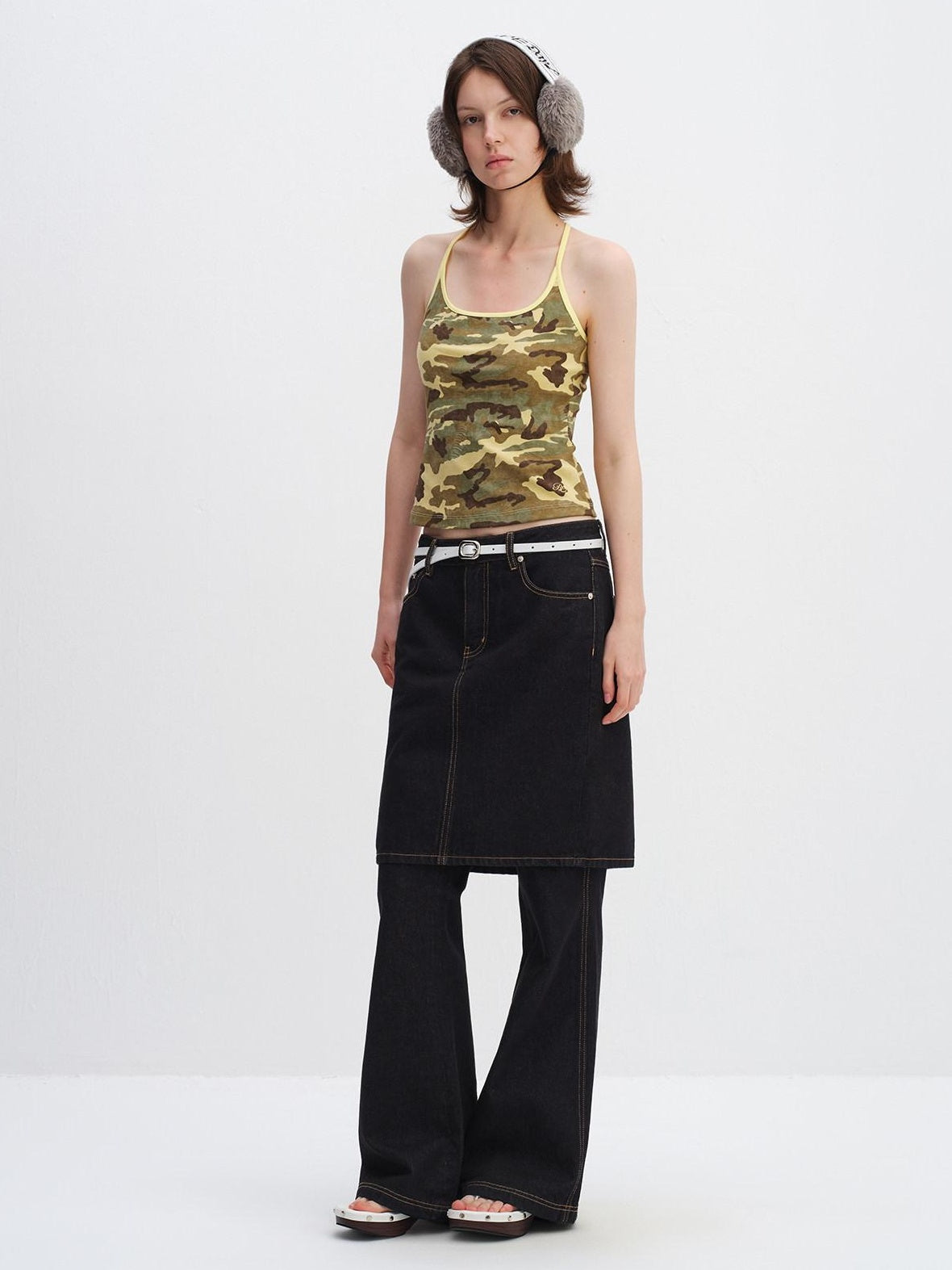 RUN TO THE FUTURE High Stretch Camo Print Slim U Neck Cropped Cotton Blend Women Tank Tops