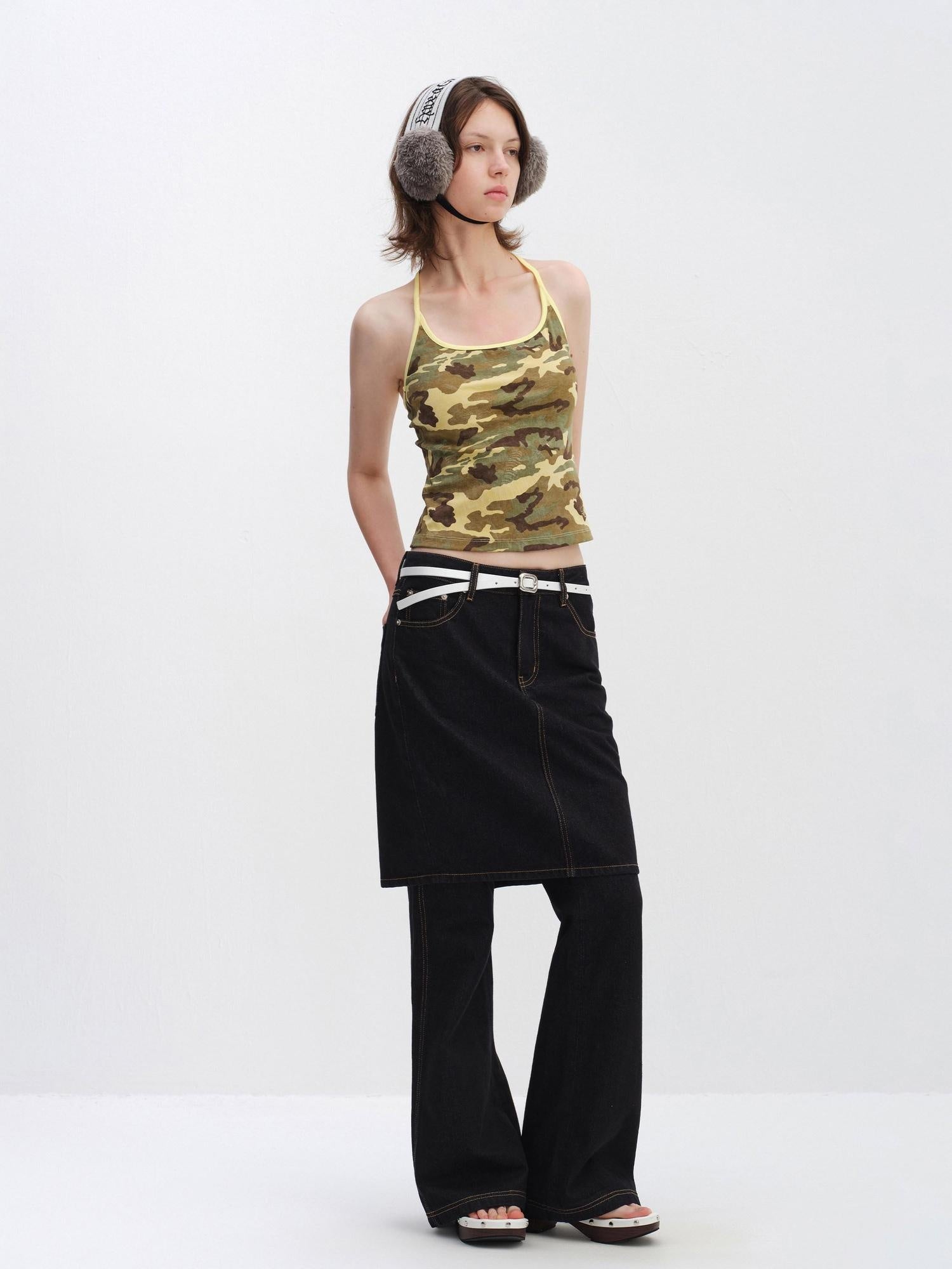 RUN TO THE FUTURE High Stretch Camo Print Slim U Neck Cropped Cotton Blend Women Tank Tops