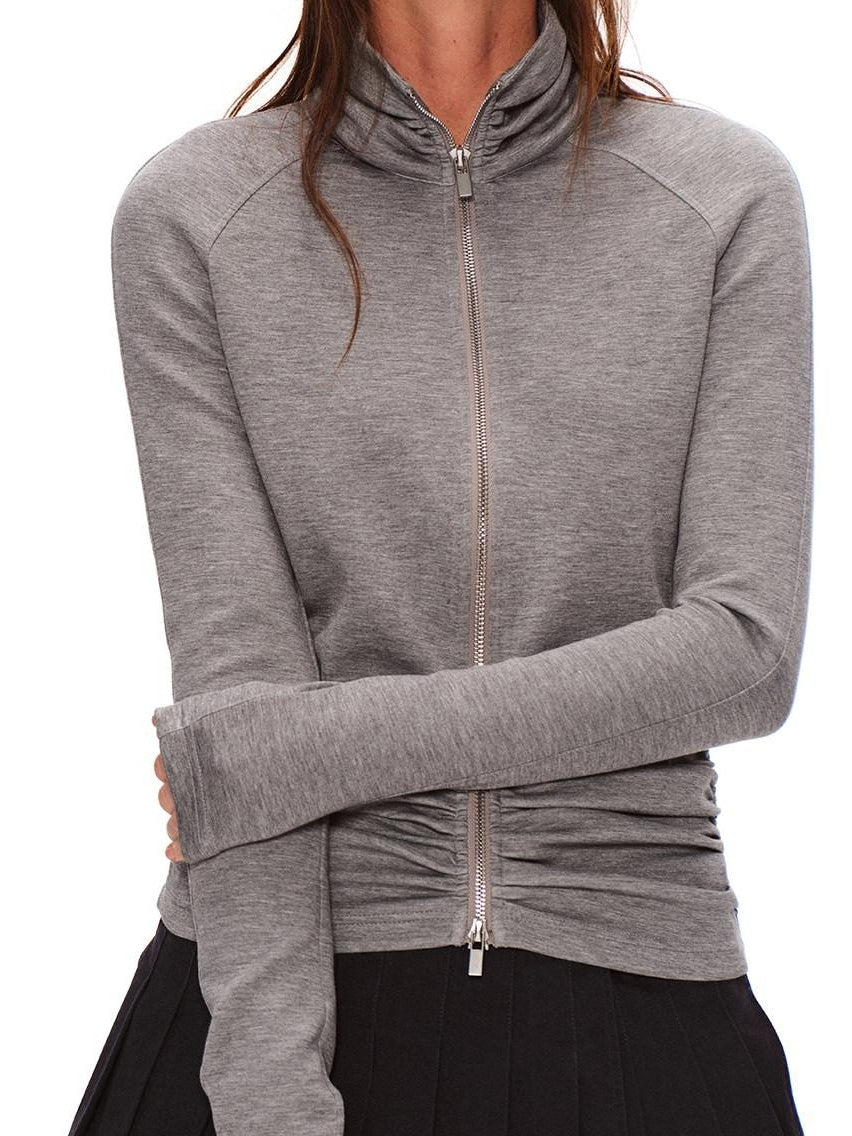 RUN TO THE FUTURE High Stretch Slim Ruched Zip Up Casual Raglan Stand Collar Women Hoodies