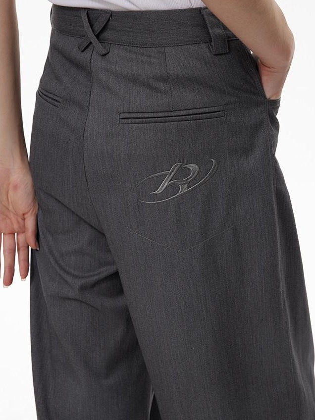 RUN TO THE FUTURE High Waist Embroidered Minimalist Grey Polyester Casual Couple Wide-Leg Pants