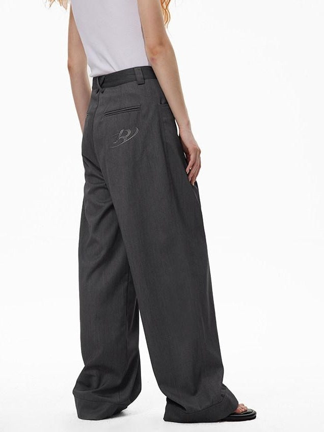 RUN TO THE FUTURE High Waist Embroidered Minimalist Grey Polyester Casual Couple Wide-Leg Pants