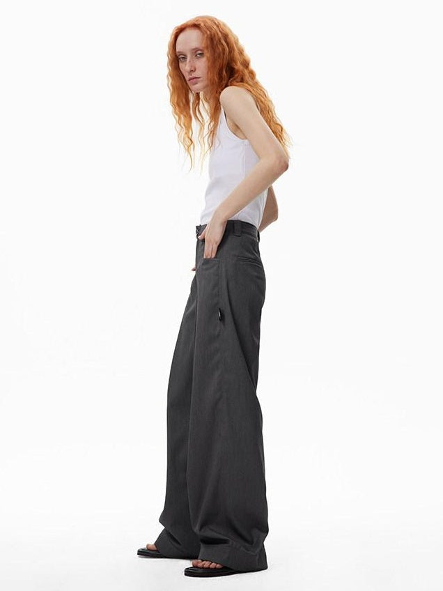 RUN TO THE FUTURE High Waist Embroidered Minimalist Grey Polyester Casual Couple Wide-Leg Pants