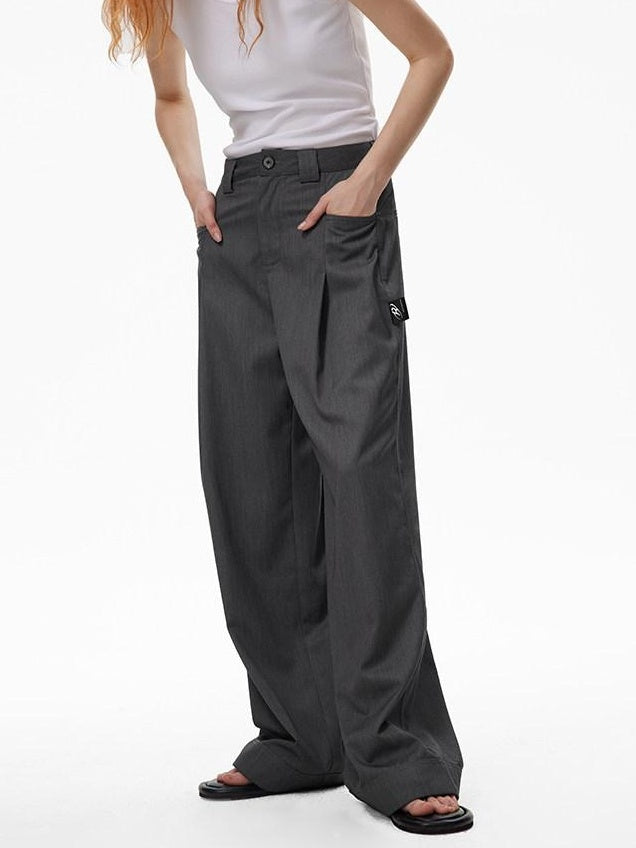 RUN TO THE FUTURE High Waist Embroidered Minimalist Grey Polyester Casual Couple Wide-Leg Pants