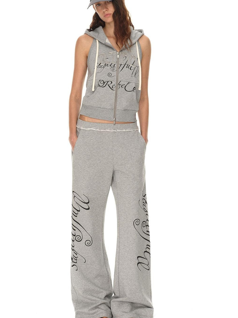 RUN TO THE FUTURE Hooded Sleeveless Zip Letter Print Casual Cotton Straight Women Top & Pants Sets