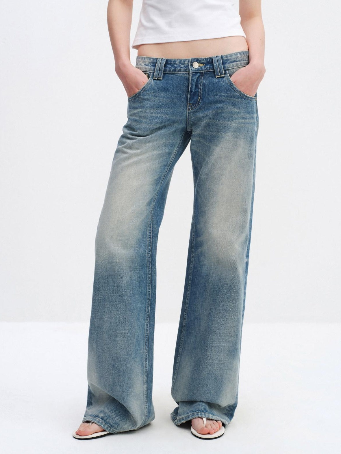 RUN TO THE FUTURE Ice Blue Cotton Low Rise Button Fly No Stretch Classic Womens Straight Jeans