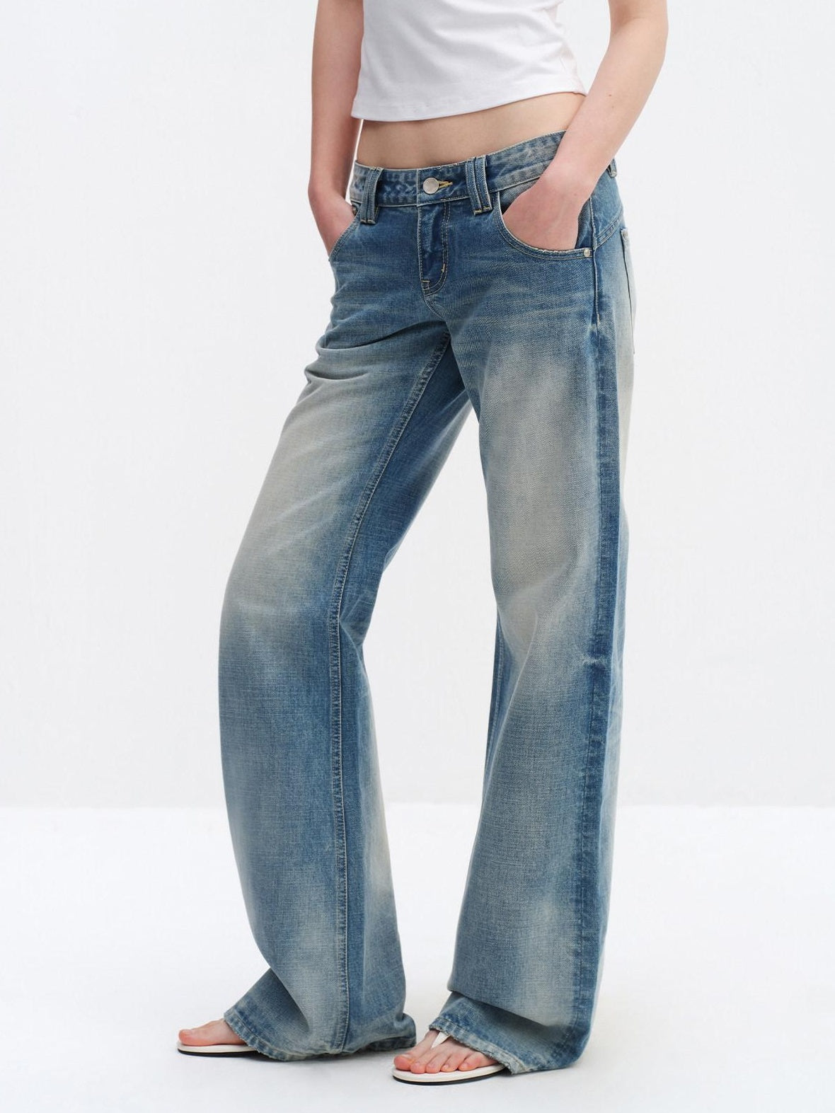RUN TO THE FUTURE Ice Blue Cotton Low Rise Button Fly No Stretch Classic Womens Straight Jeans