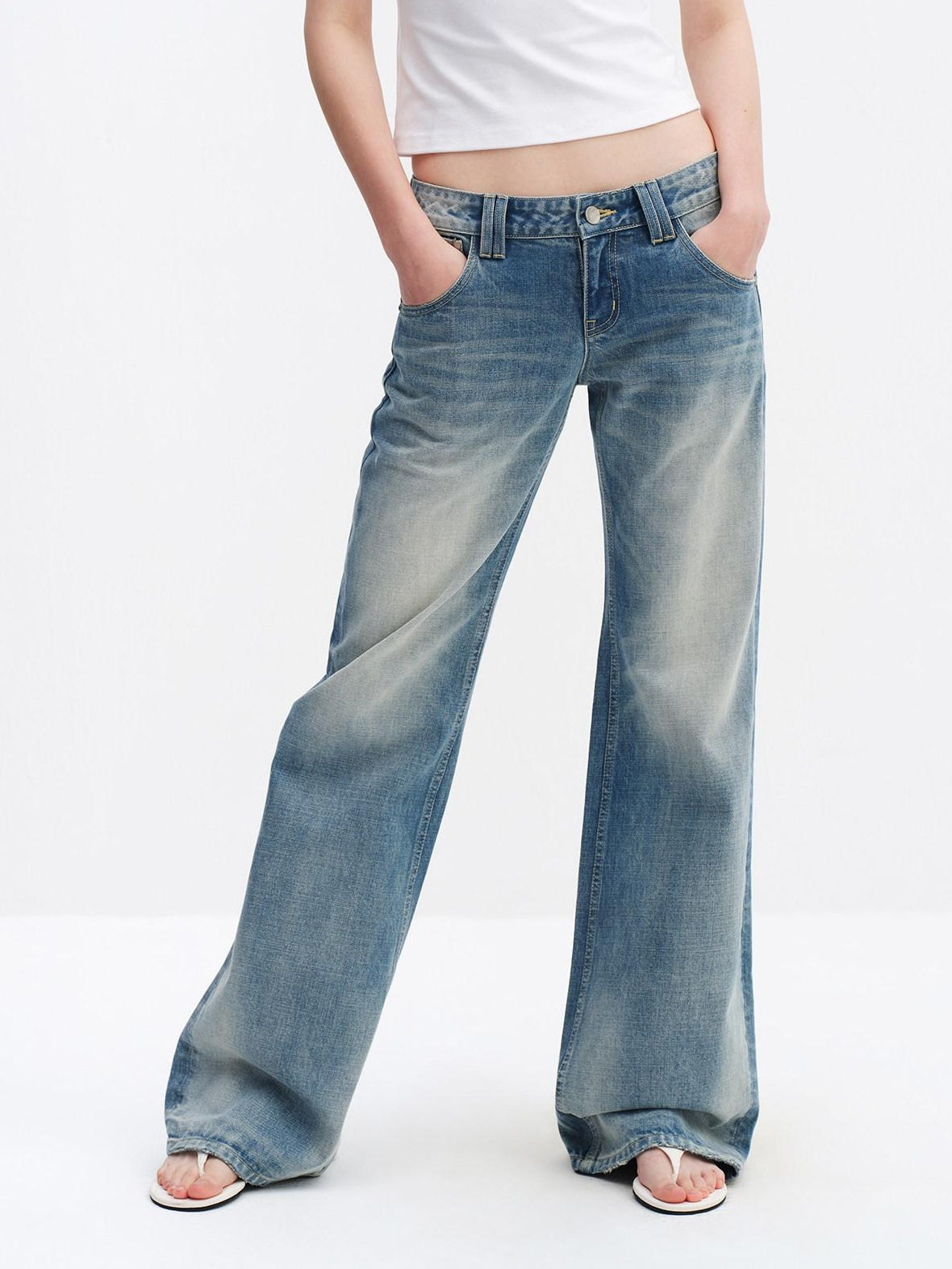 RUN TO THE FUTURE Ice Blue Cotton Low Rise Button Fly No Stretch Classic Womens Straight Jeans