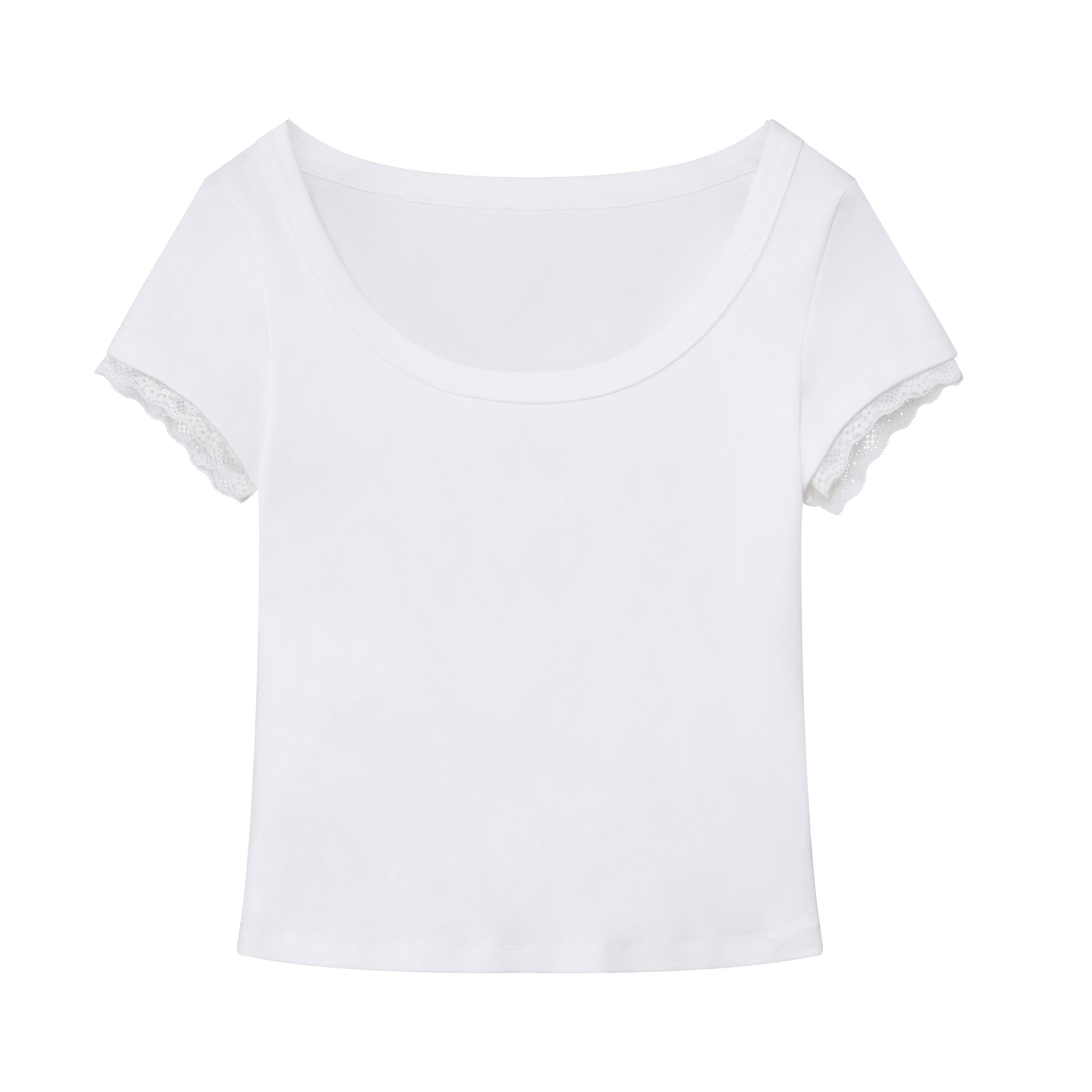 RUN TO THE FUTURE Lace Trim Slim Fit Round Neck Short Sleeve Womens Cotton Blend Crop Tops