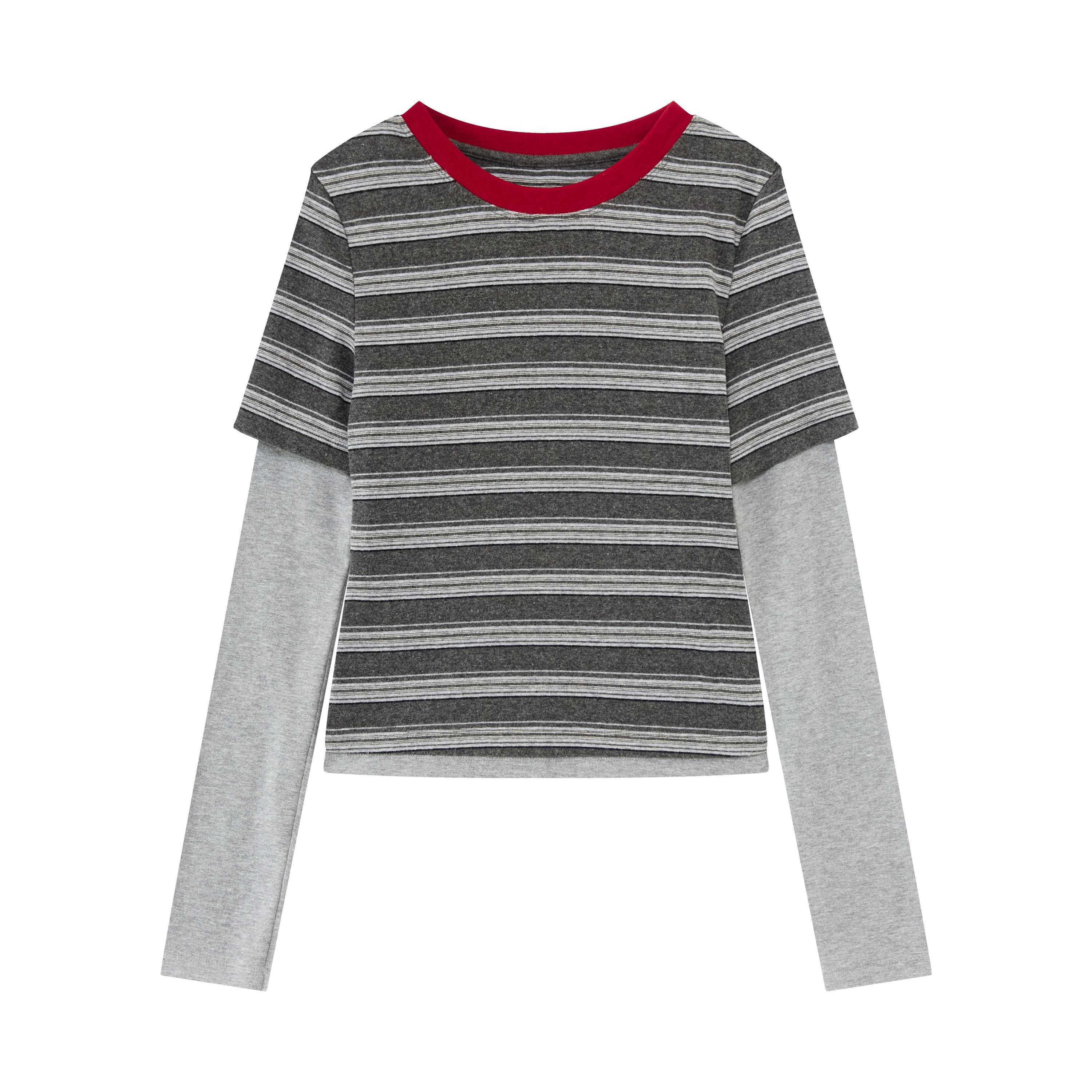RUN TO THE FUTURE Layered Spliced Casual Crewneck For Women Black Red Striped Long Sleeve T-Shirts