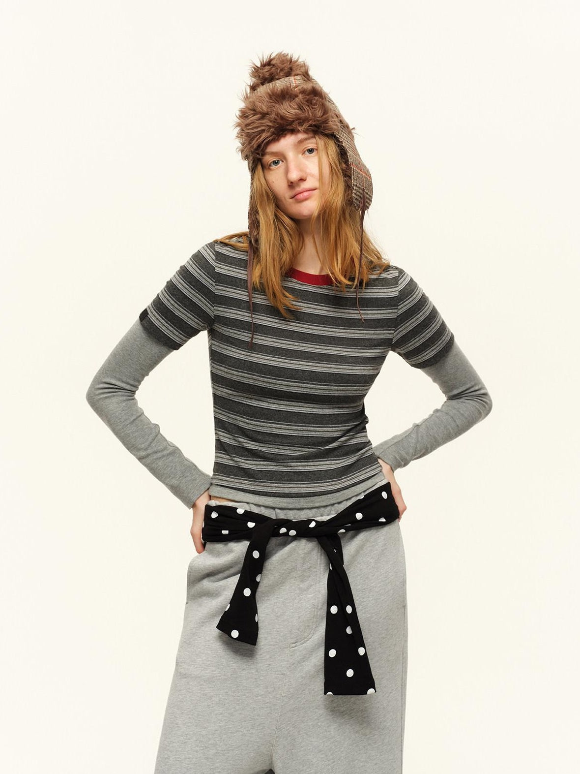 RUN TO THE FUTURE Layered Spliced Casual Crewneck For Women Black Red Striped Long Sleeve T-Shirts