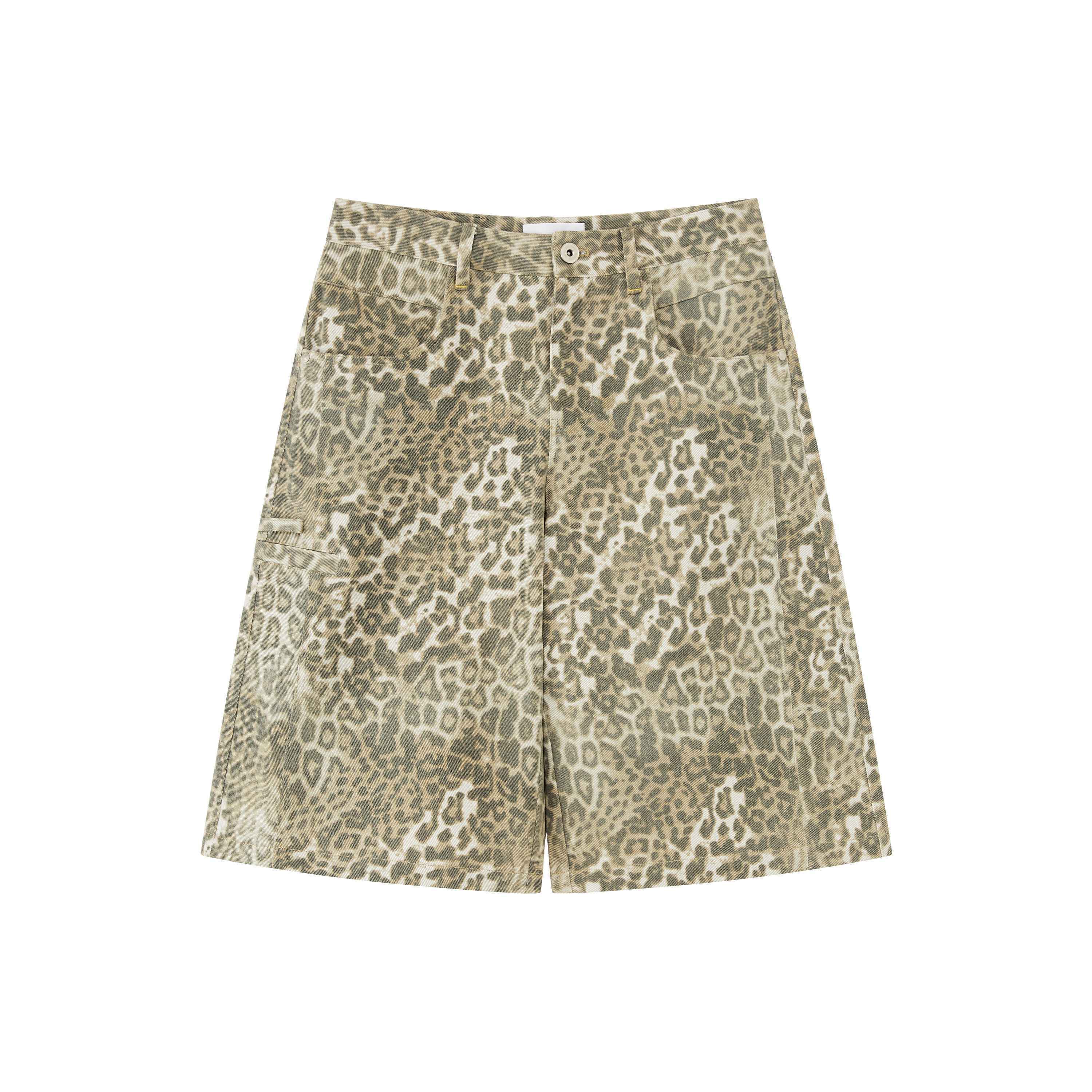 RUN TO THE FUTURE Leopard Print Vintage Pocket Mid Rise Wide Leg Casual Unisex Chino Shorts