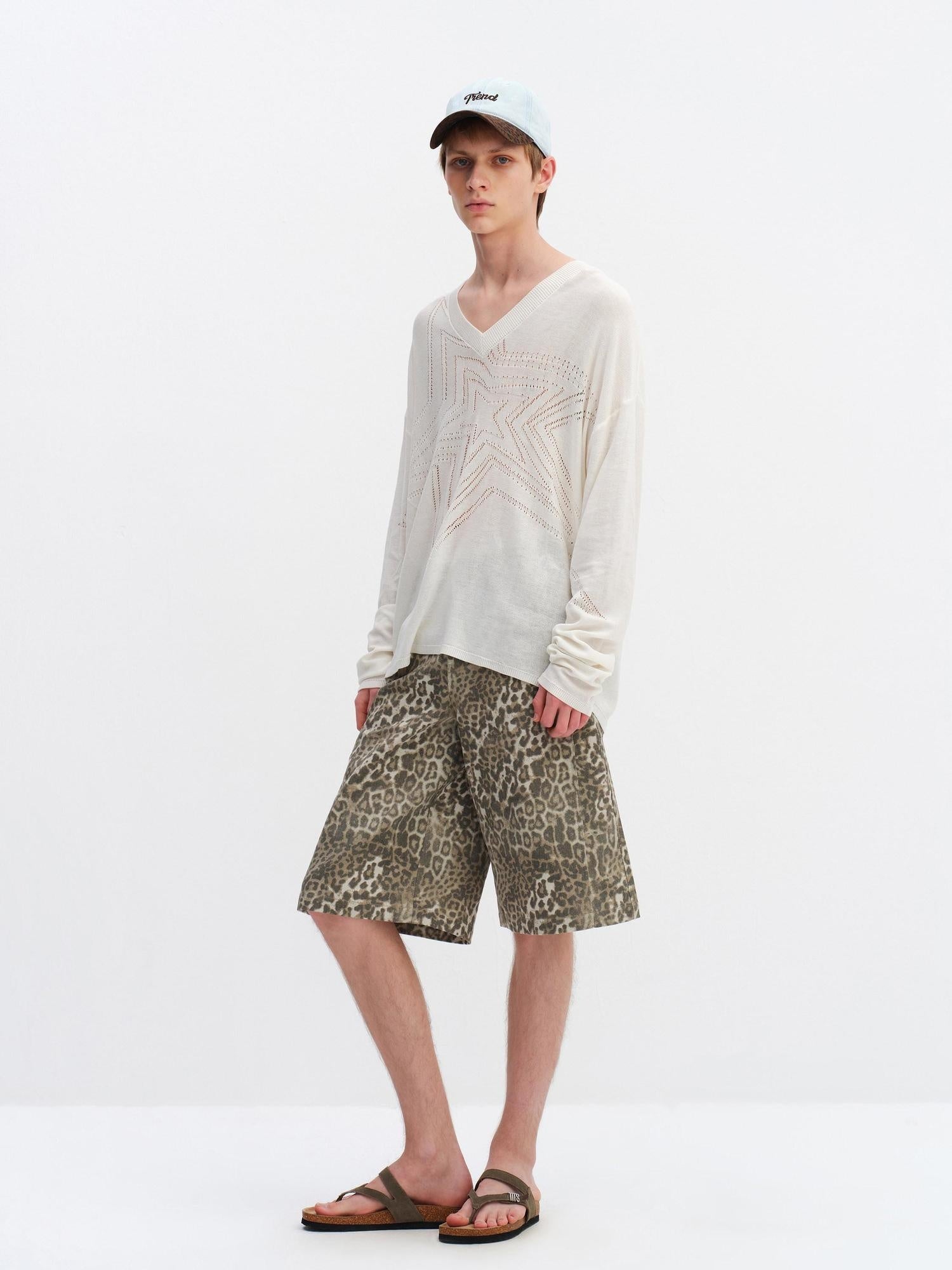 RUN TO THE FUTURE Leopard Print Vintage Pocket Mid Rise Wide Leg Casual Unisex Chino Shorts