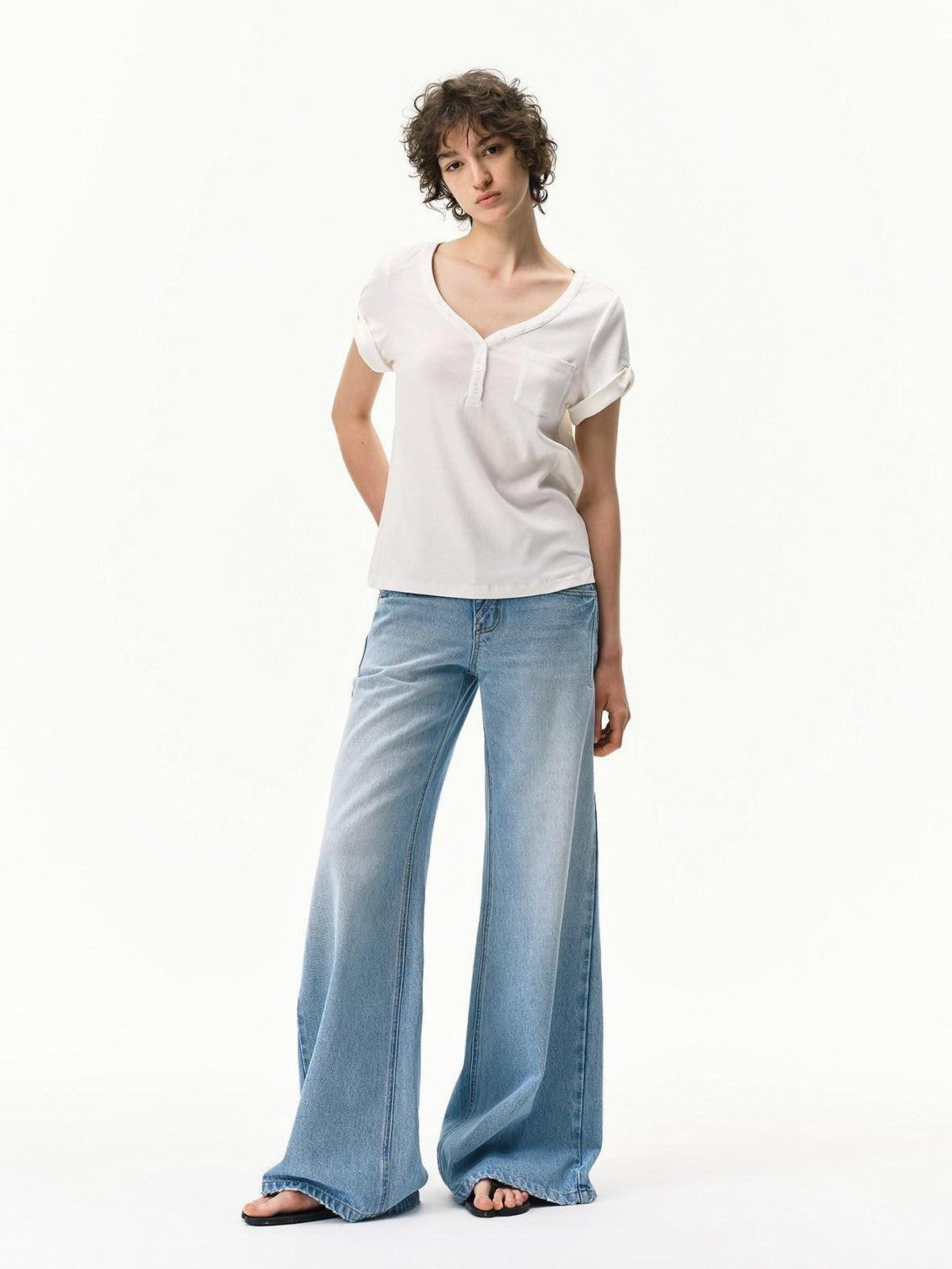 RUN TO THE FUTURE Light Blue Distressed Washed Vintage Low Rise Wide Leg Women&