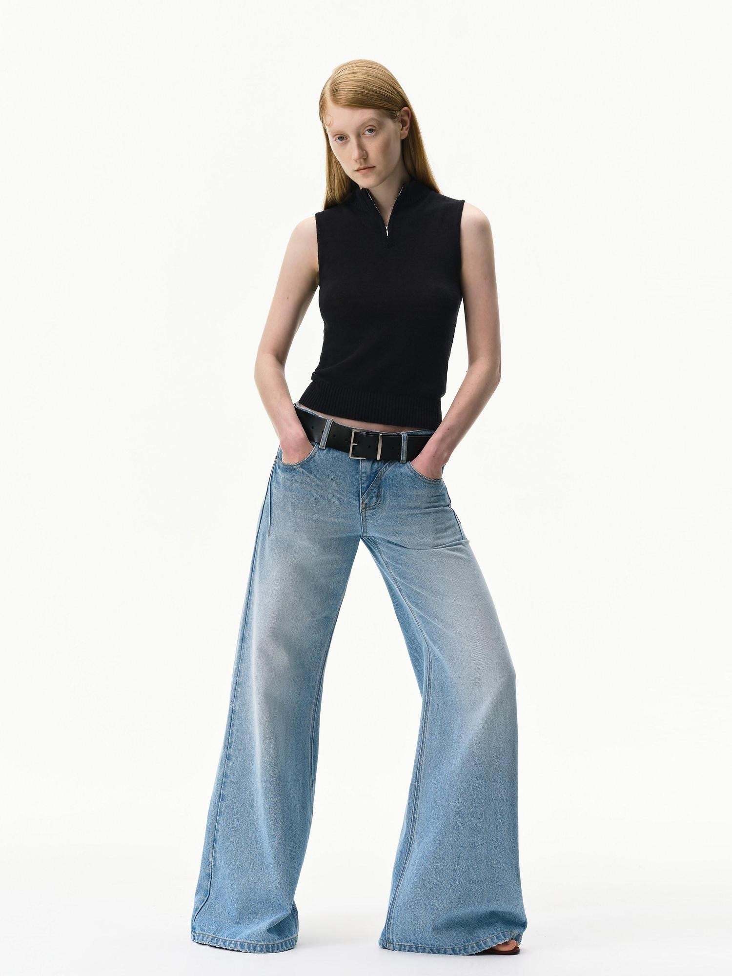 RUN TO THE FUTURE Light Blue Distressed Washed Vintage Low Rise Wide Leg Women&