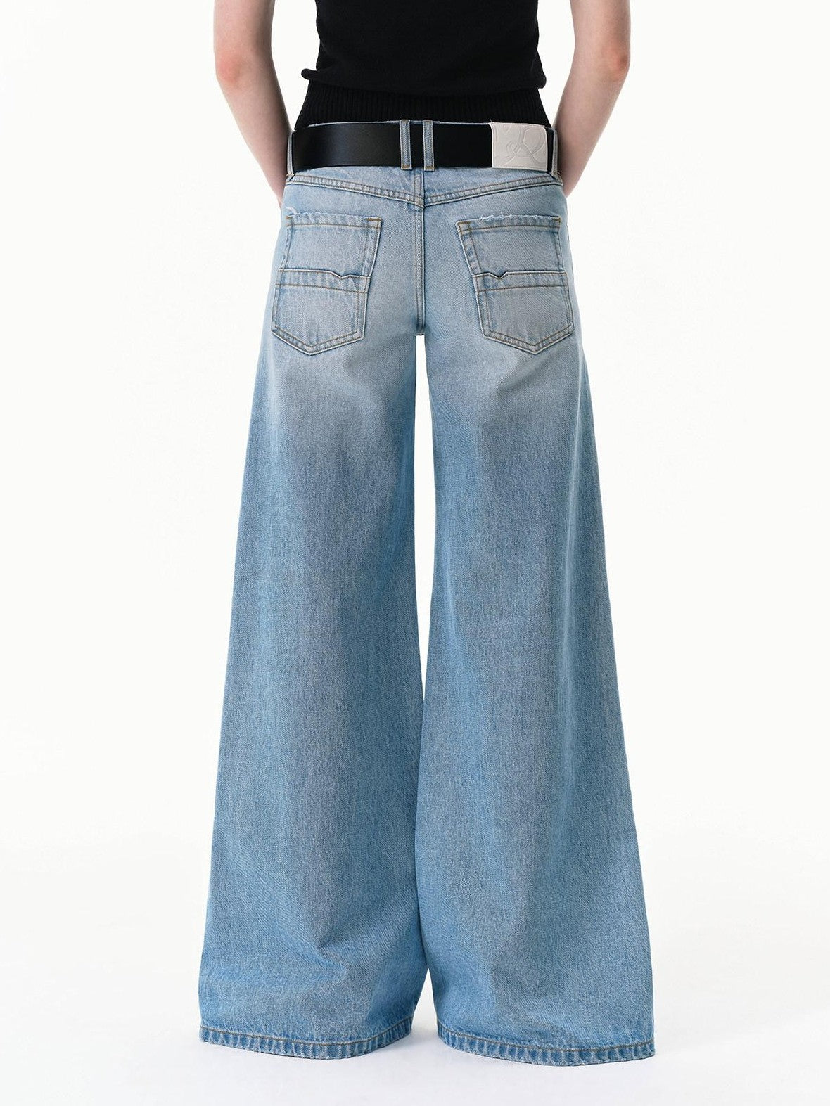 RUN TO THE FUTURE Light Blue Distressed Washed Vintage Low Rise Wide Leg Women&