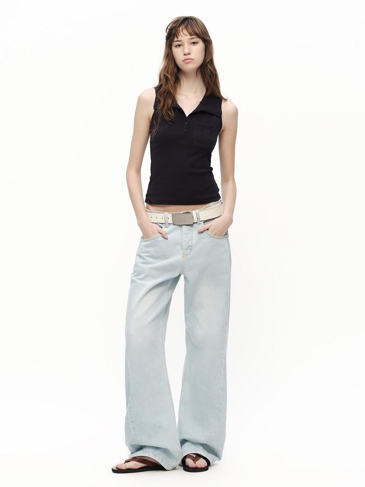 RUN TO THE FUTURE Light Blue Washed Paris Button Oversized Women&