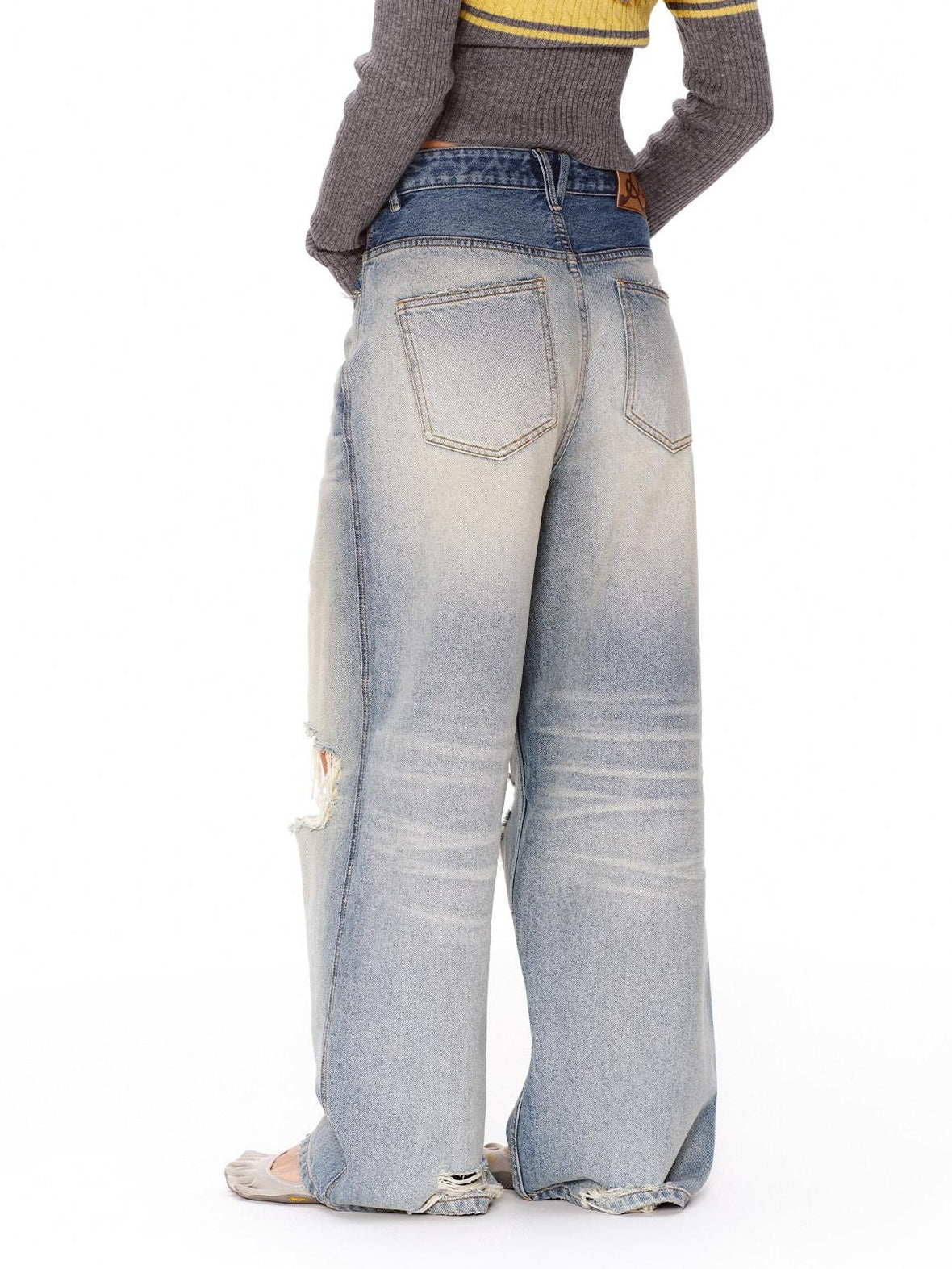 RUN TO THE FUTURE Light Wash Ripped Casual Loose Natural Waist Unisex Cotton Straight Jeans
