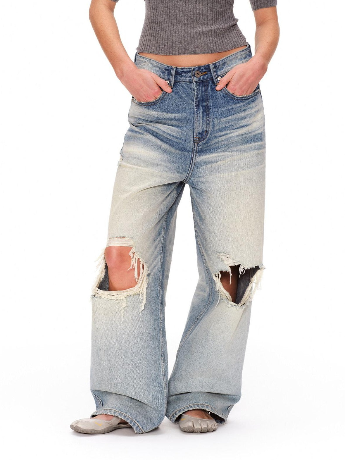 RUN TO THE FUTURE Light Wash Ripped Casual Loose Natural Waist Unisex Cotton Straight Jeans