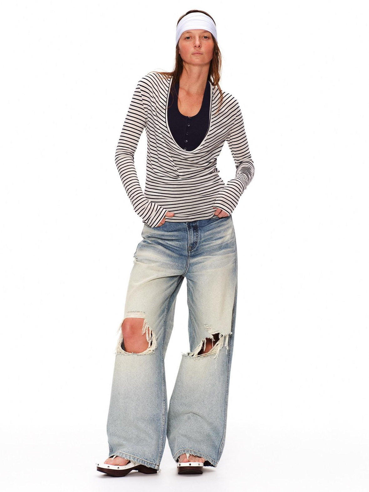 RUN TO THE FUTURE Light Wash Ripped Casual Loose Natural Waist Unisex Cotton Straight Jeans
