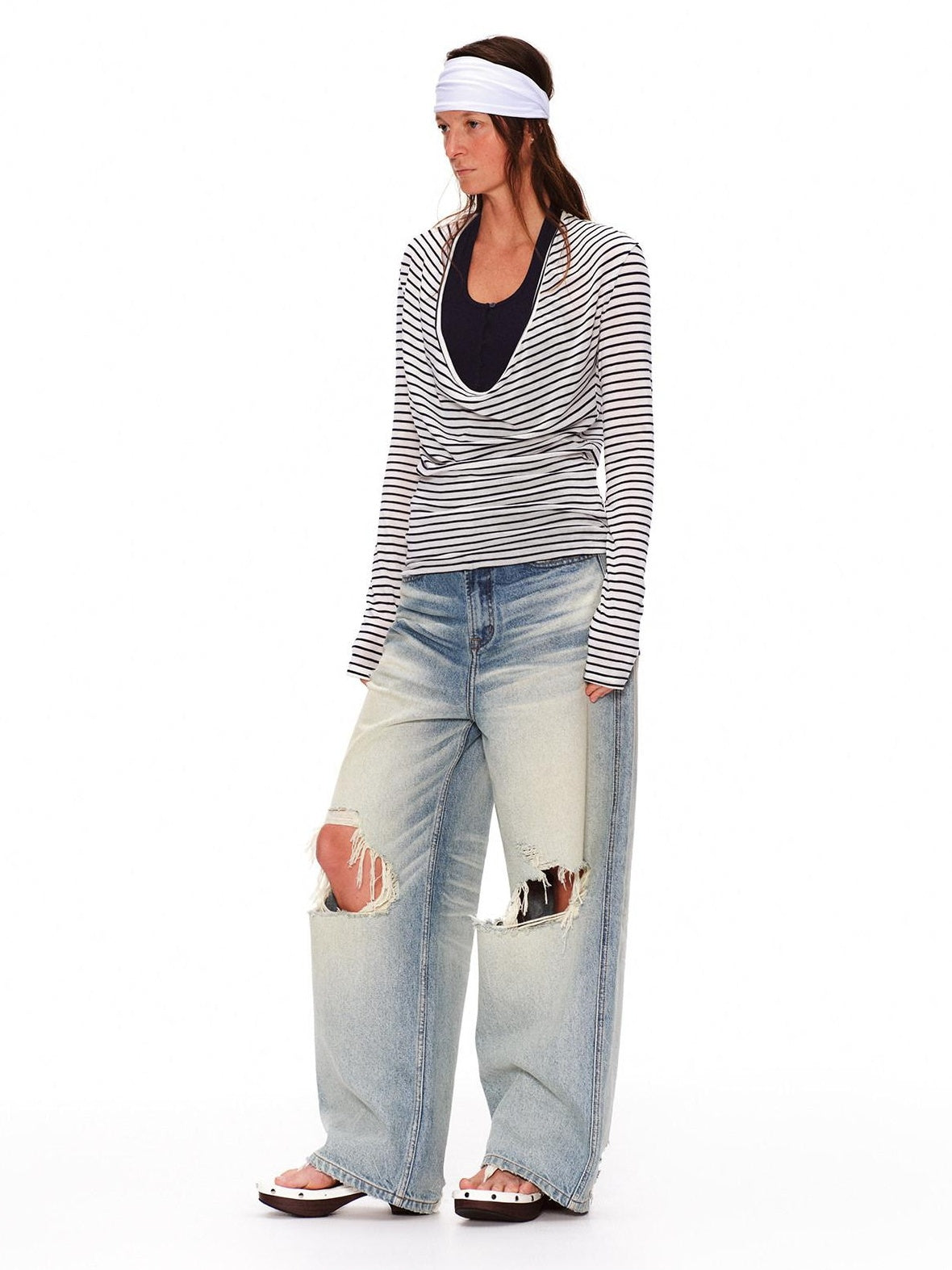 RUN TO THE FUTURE Light Wash Ripped Casual Loose Natural Waist Unisex Cotton Straight Jeans