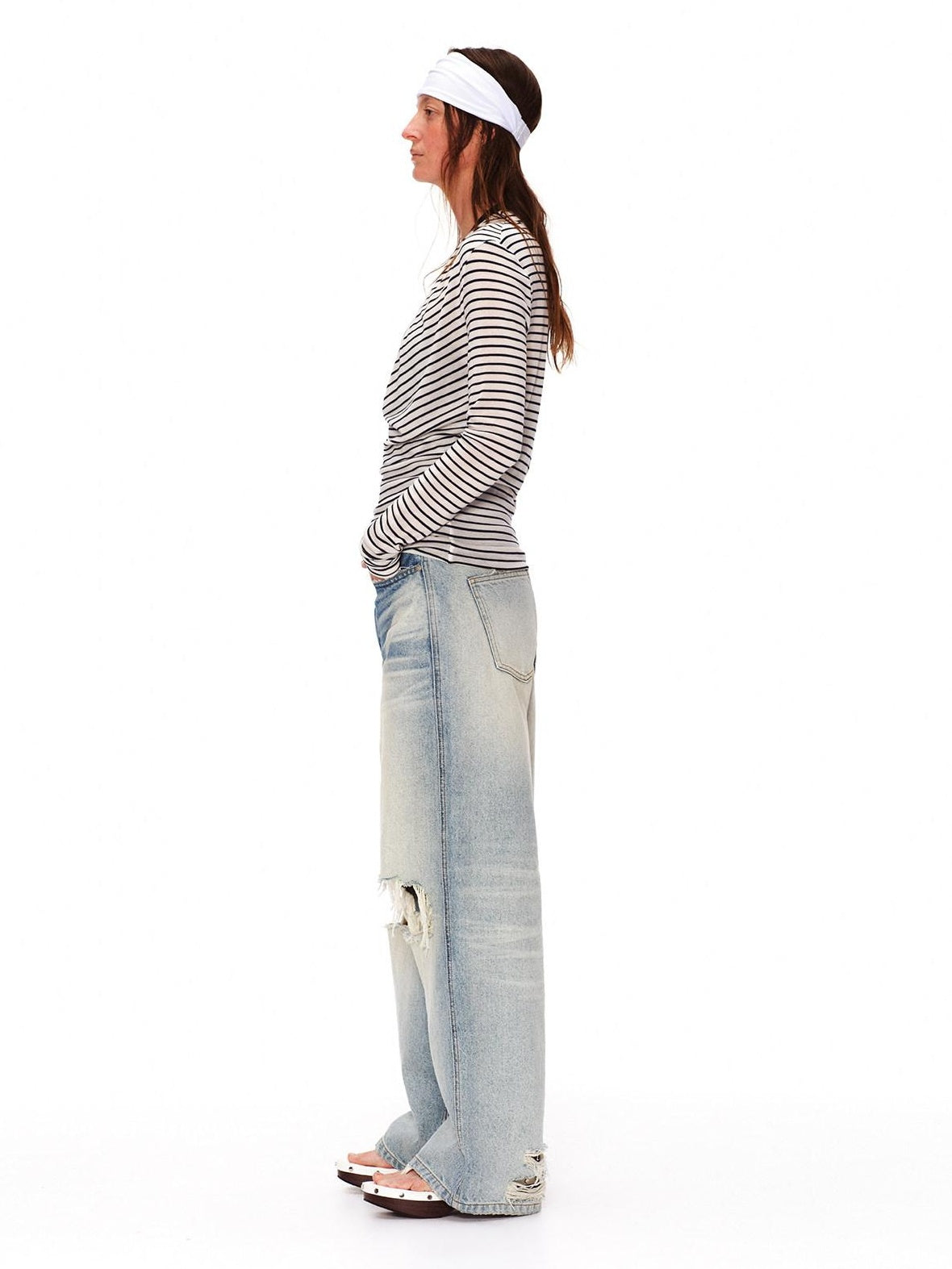RUN TO THE FUTURE Light Wash Ripped Casual Loose Natural Waist Unisex Cotton Straight Jeans
