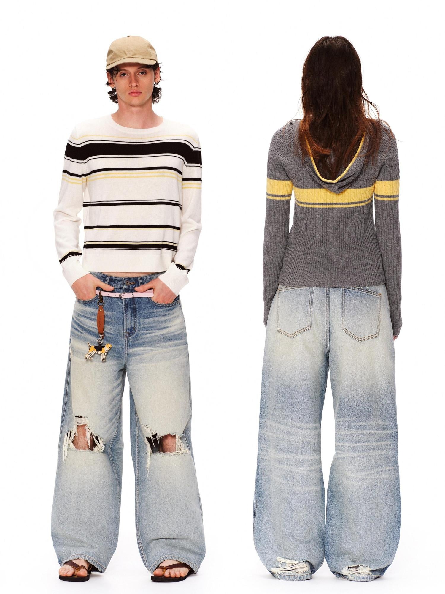 RUN TO THE FUTURE Light Wash Ripped Casual Loose Natural Waist Unisex Cotton Straight Jeans