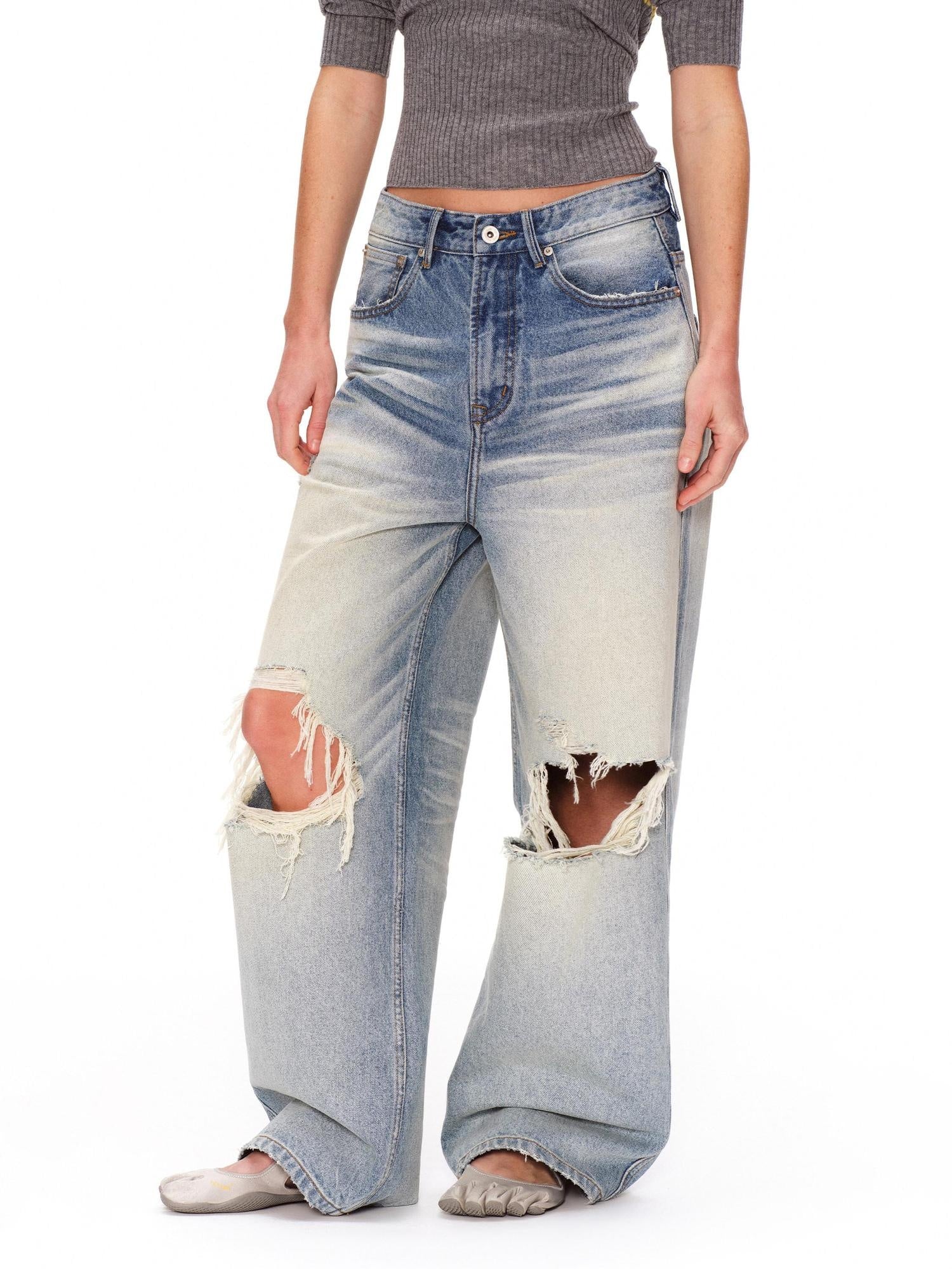 RUN TO THE FUTURE Light Wash Ripped Casual Loose Natural Waist Unisex Cotton Straight Jeans