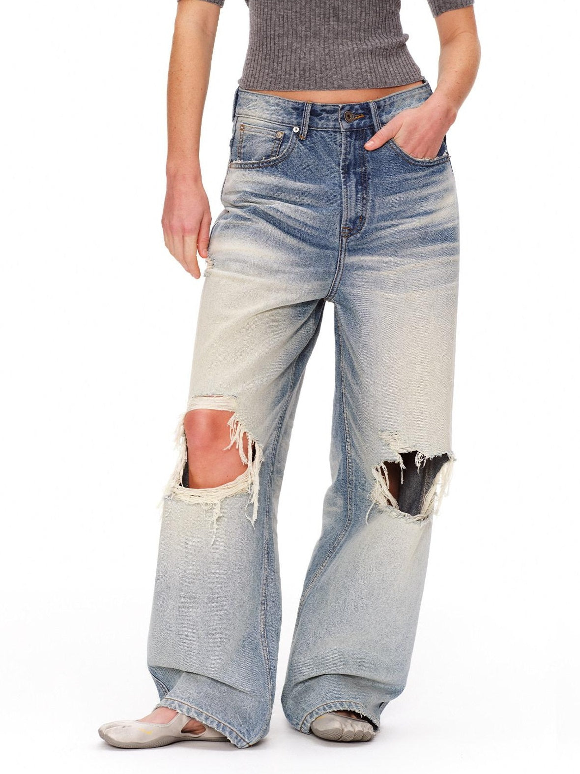 RUN TO THE FUTURE Light Wash Ripped Casual Loose Natural Waist Unisex Cotton Straight Jeans