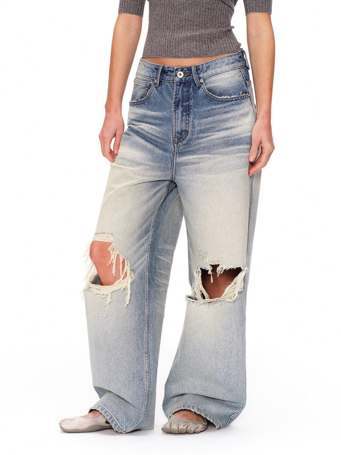 RUN TO THE FUTURE Light Wash Ripped Casual Loose Natural Waist Unisex Cotton Straight Jeans