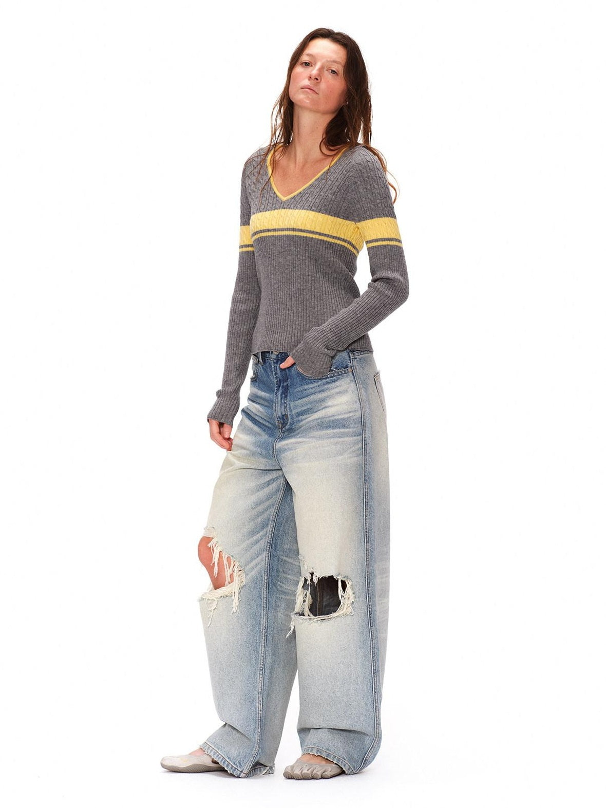 RUN TO THE FUTURE Light Wash Ripped Casual Loose Natural Waist Unisex Cotton Straight Jeans
