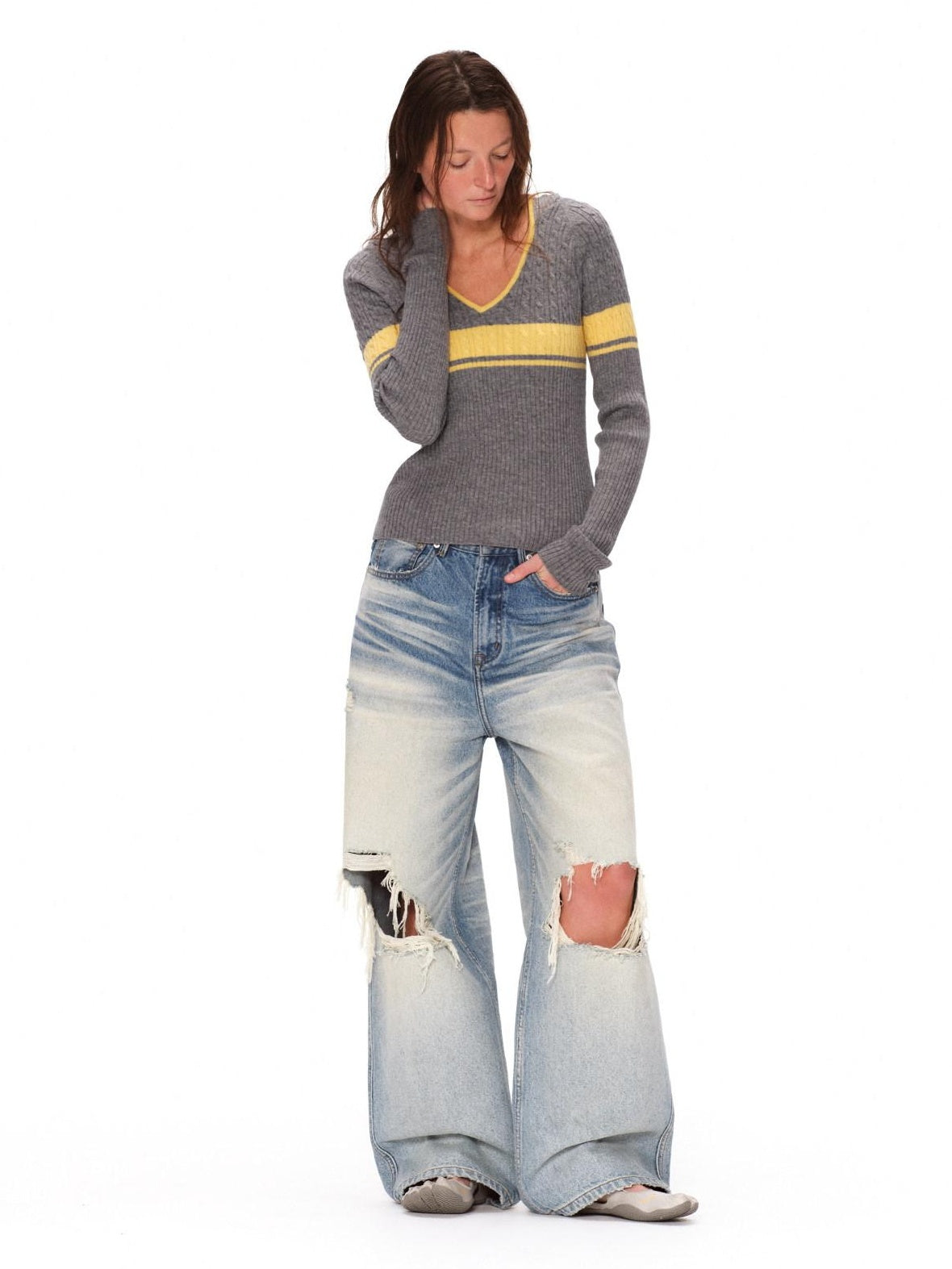 RUN TO THE FUTURE Light Wash Ripped Casual Loose Natural Waist Unisex Cotton Straight Jeans
