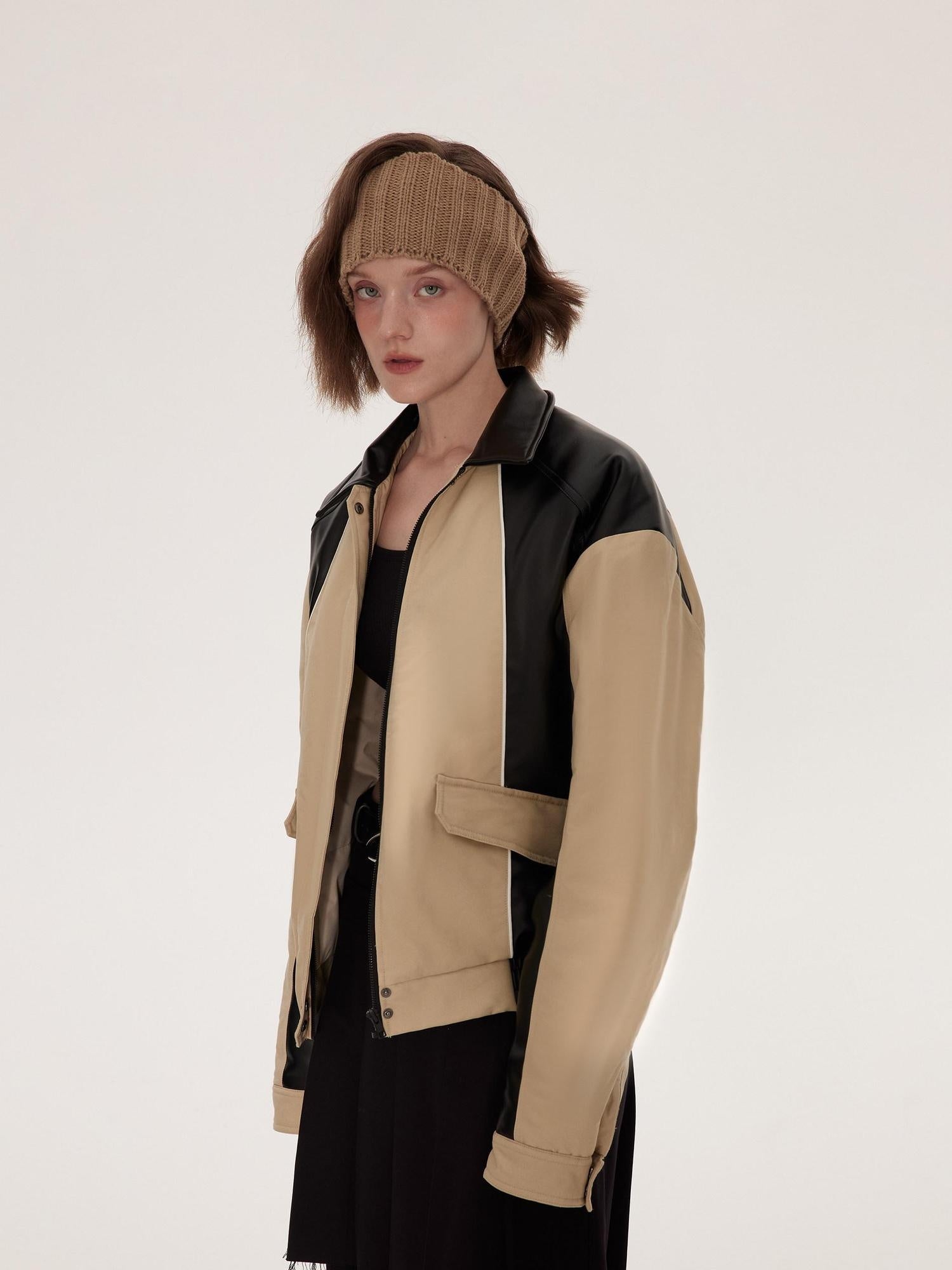 RUN TO THE FUTURE Lightweight Cotton Blend Straight Cut Commuter Khaki Black Zip Puffer Jackets