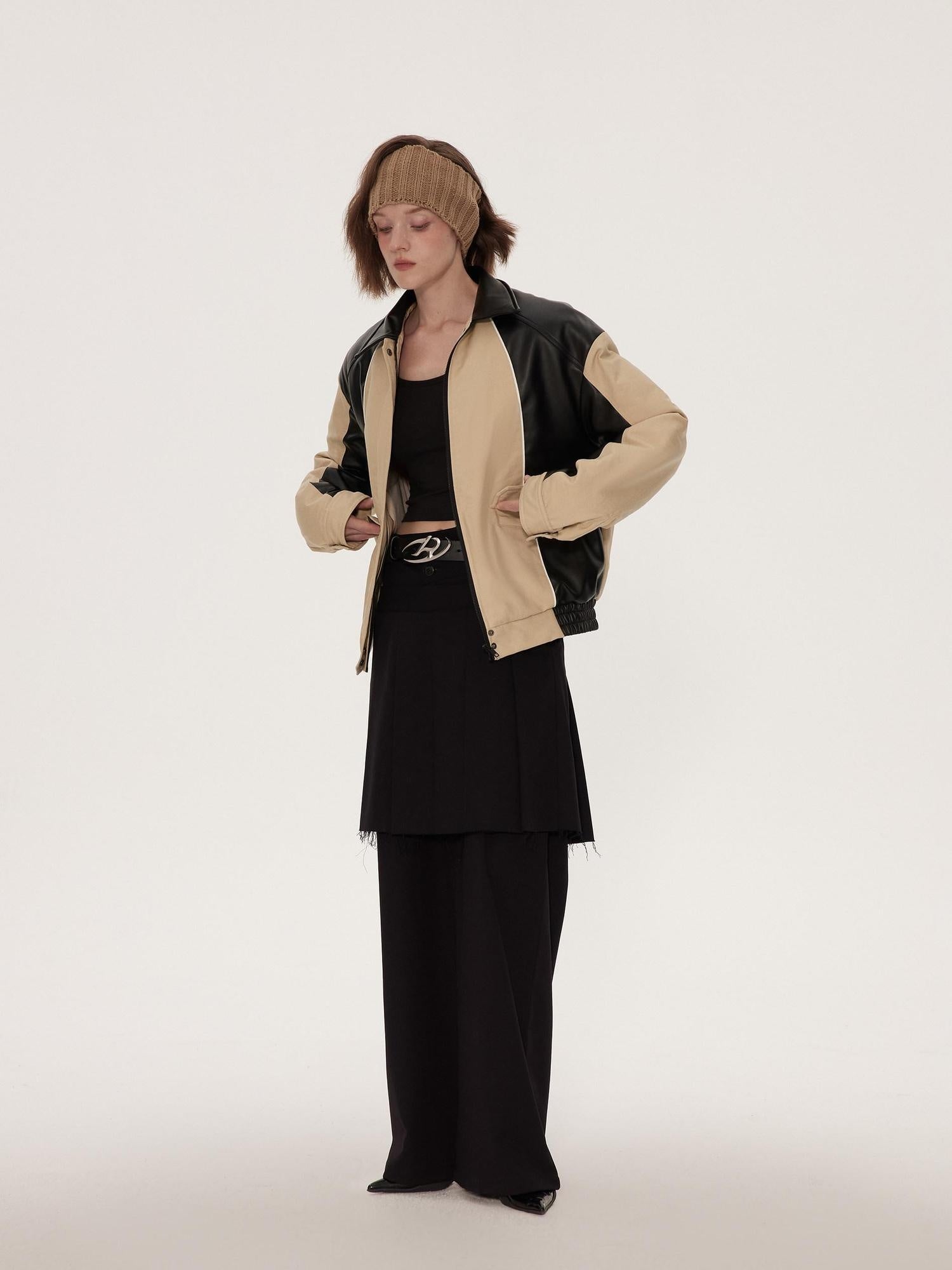 RUN TO THE FUTURE Lightweight Cotton Blend Straight Cut Commuter Khaki Black Zip Puffer Jackets